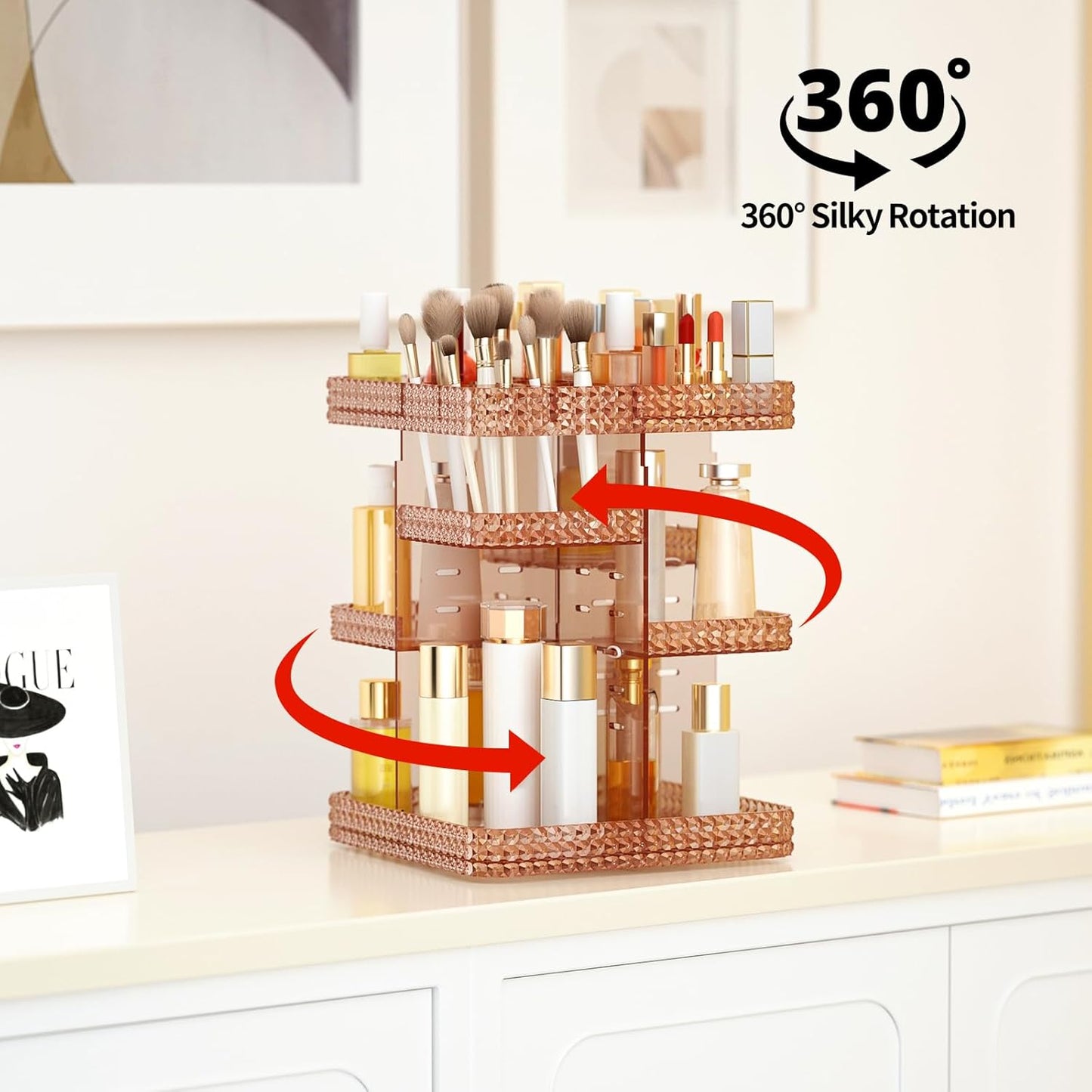 Rotating Makeup Organizer, Large Capacity Cosmetic Display Case, Acrylic Skincare Organizer with Makeup Brush, Makeup Storage Organizer for Dresser Countertop and Bathroom Vanity - Pink