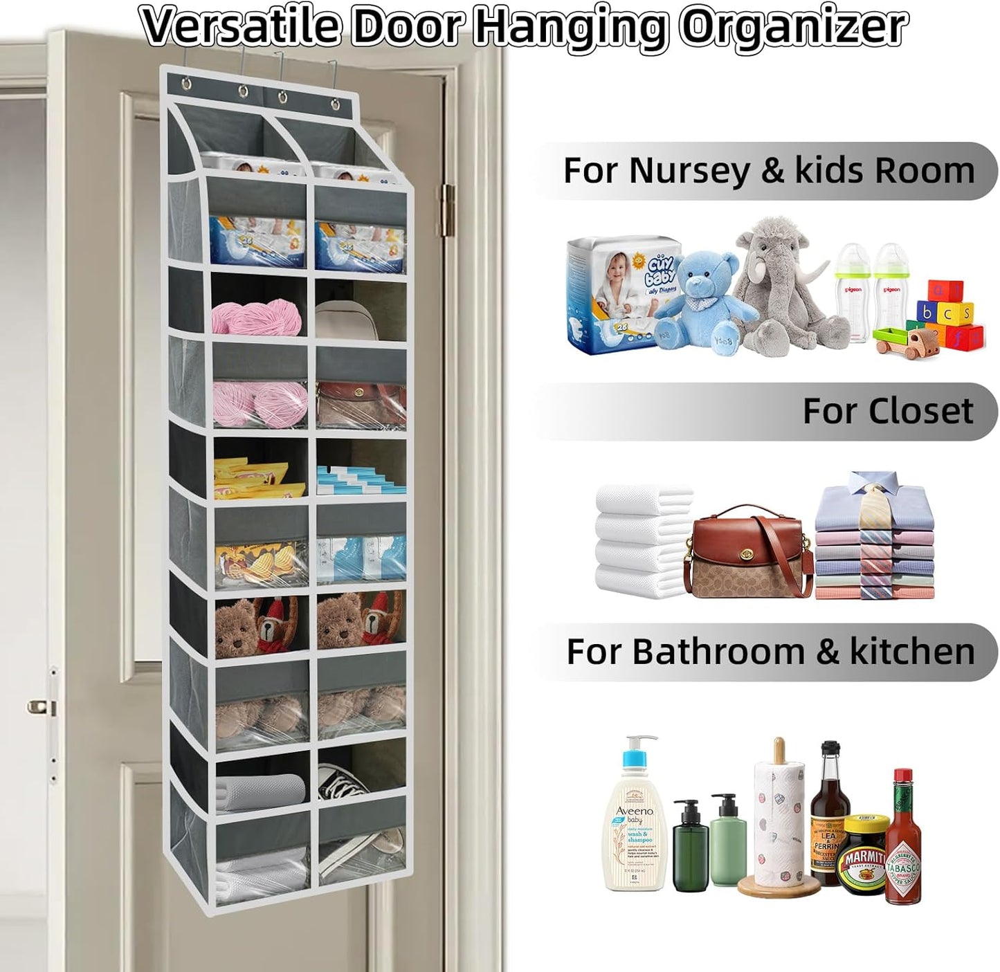 5-Tier Heavy Duty Over the Door Organizer with 10 Compartments - 600D Oxford Cloth Large Behind Door Storage for Closet, Nursery, Bedroom, Pantry, Diaper & Toy Organizer (Gray)