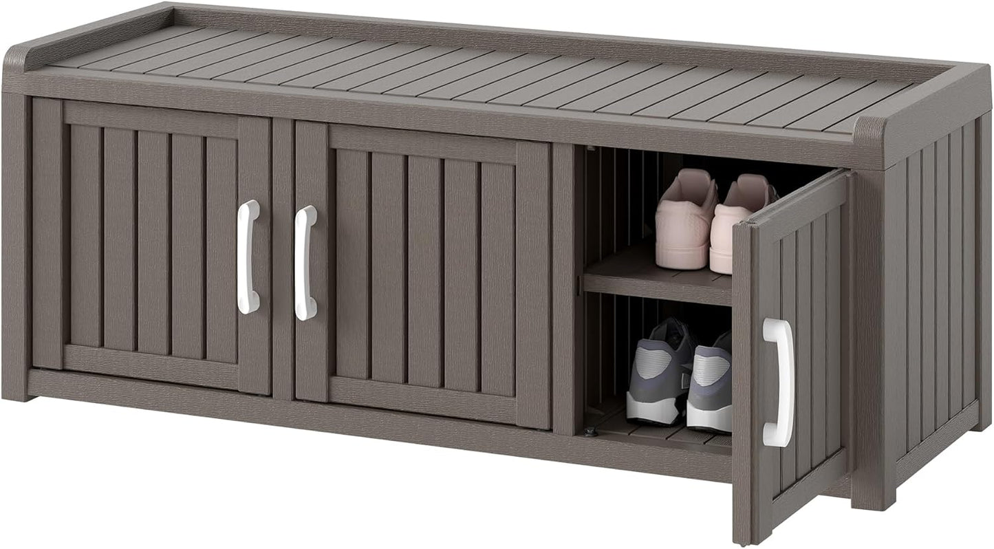 KAMABOKO Shoe Storage Cabinet Waterproof UV-Resistant, Entryway Storage Bench Indoor Outdoor with 3 Barn Doors, Adjustable Shelves for Entryway, Bedroom, Hallway,Living Room(Grey)