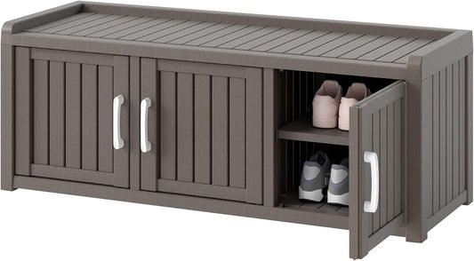 KAMABOKO Shoe Storage Cabinet Waterproof UV-Resistant, Entryway Storage Bench Indoor Outdoor with 3 Barn Doors, Adjustable Shelves for Entryway, Bedroom, Hallway,Living Room(Grey)