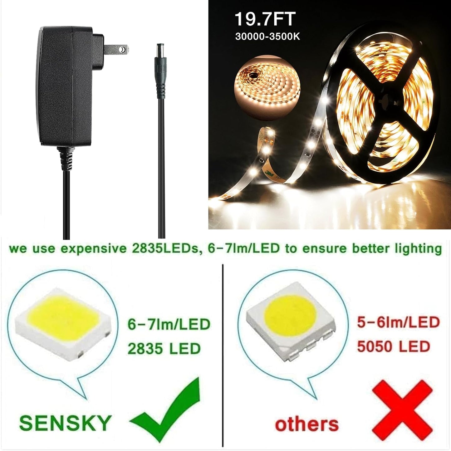 SENSKY Cabinet Lighting Kit Flexible LED Strip Lights Kit with Cabinet Sensor Switch for Gun Safe Cabinet Closet Pantry Wardrobe Lighting (6M)