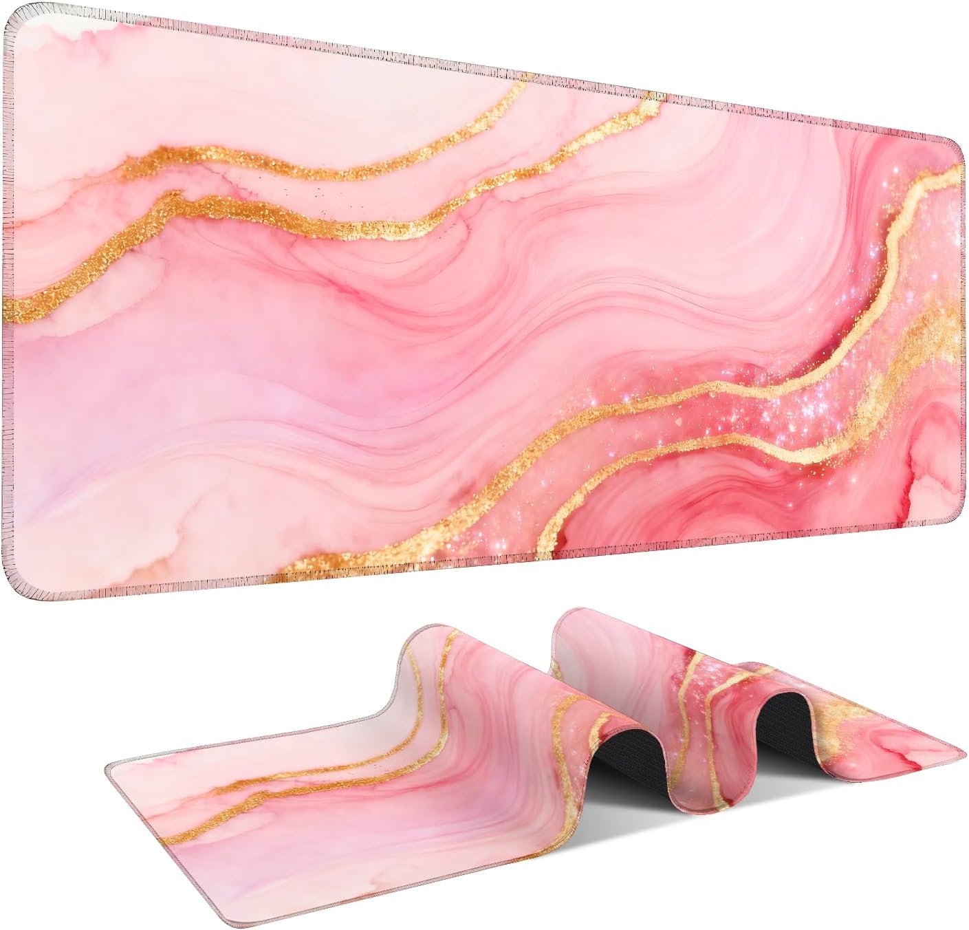 Pink and Gold Stripes Gaming Mouse Pad 31.5"x11.8"Desk Mat Anti-Slip Rubber Base & Durable Stitched Edges for Gamers Smooth Mouse Writing Surface for Desk Office/Home