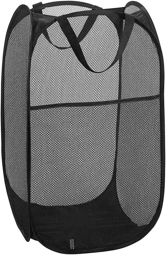 Larpur Popup Mesh Laundry Basket, Collapsible and Portable Clothes Washing Laundry Hamper with Reinforced Carry Handle (Black)