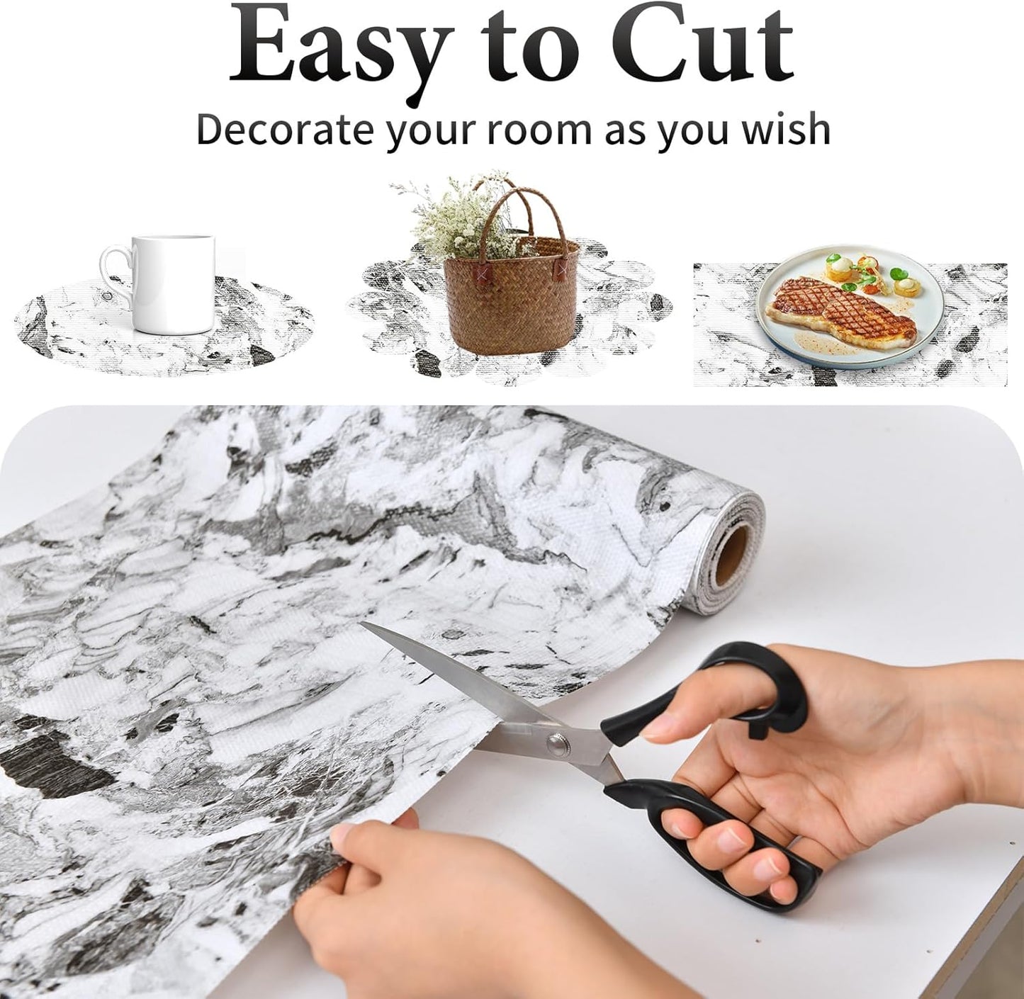 Drawer and Shelf Liner for Kitchen Cabinet: 12 in X 30 Ft Non Slip Waterproof Shelf Paper Non Adhesive Refrigerator Liners Grey and White Marble Easy Liners for Bathroom with Knife Tape Measure