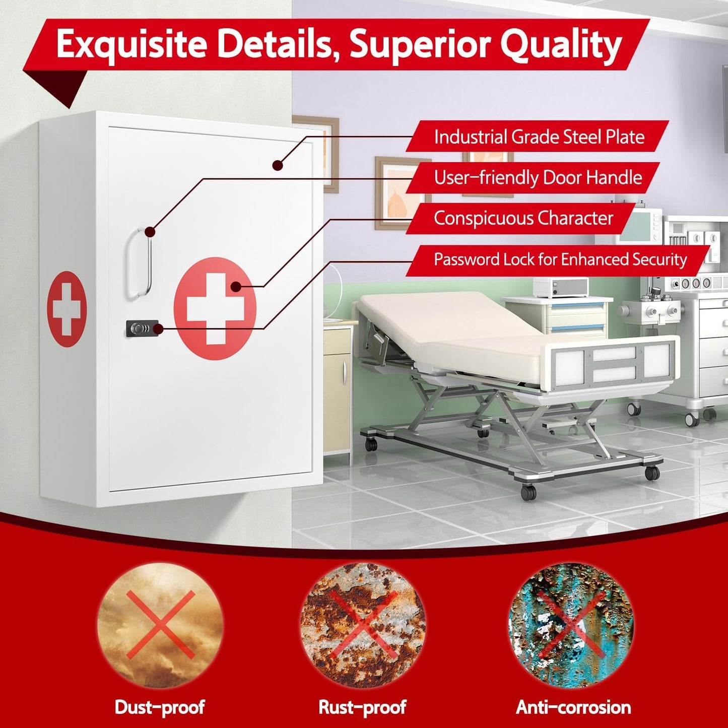 Wall-Mount Locking Medicine Cabinet: Large Metal Storage Organizer Box with Combination & Key Lock - Secure First Aid Medicine Cabinet for Bathroom Home Office(20.6" H x 15.75" W x 5.98" D)