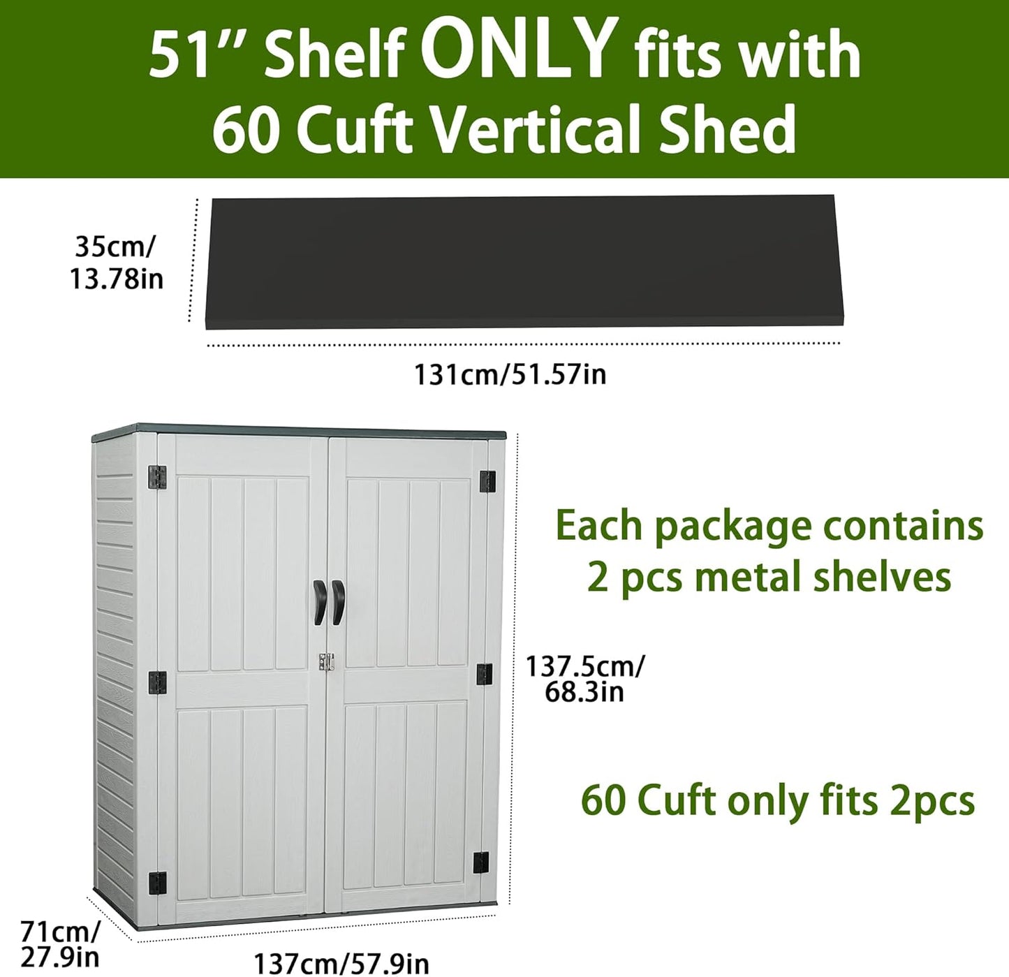 EHHLY 60 Cuft Outdoor Storage Shed Shelf, Outdoor Storage Cabinet Metal Shelves for 4.5x2.3 Ft Shed, Vertical Resin Storage Shed Accessories, Black