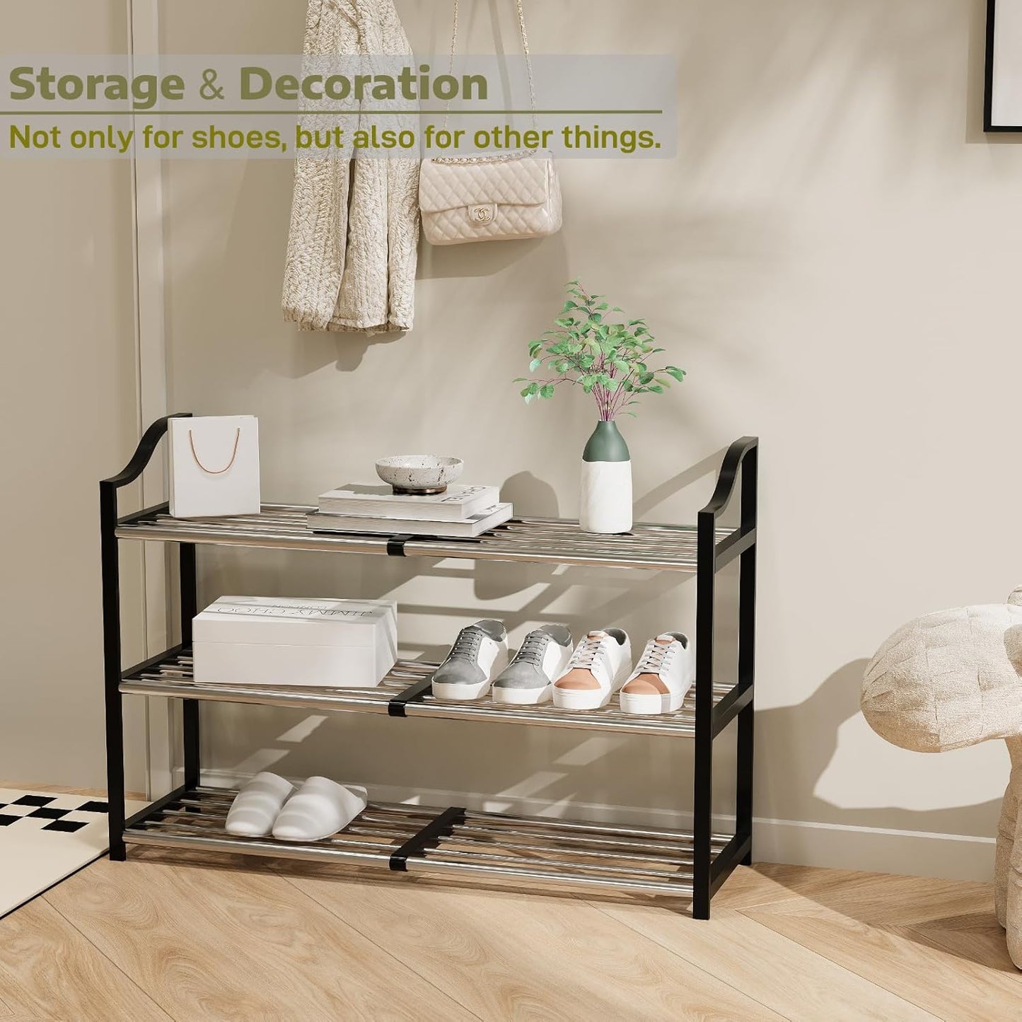 3-Tier Shoe Rack Expandable Shoe Rack for Closet Small Shoe Storage Rack for Entryway Adjustable Shoe Shelf for Small Space, Metal Shoe Organizer for Garage, Front Door Entrance