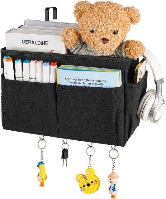 Bedside Storage Organizer 5 Pockets with 4 Hooks Hanging Storage Bag for Headboards/Bunk Bed (Black)