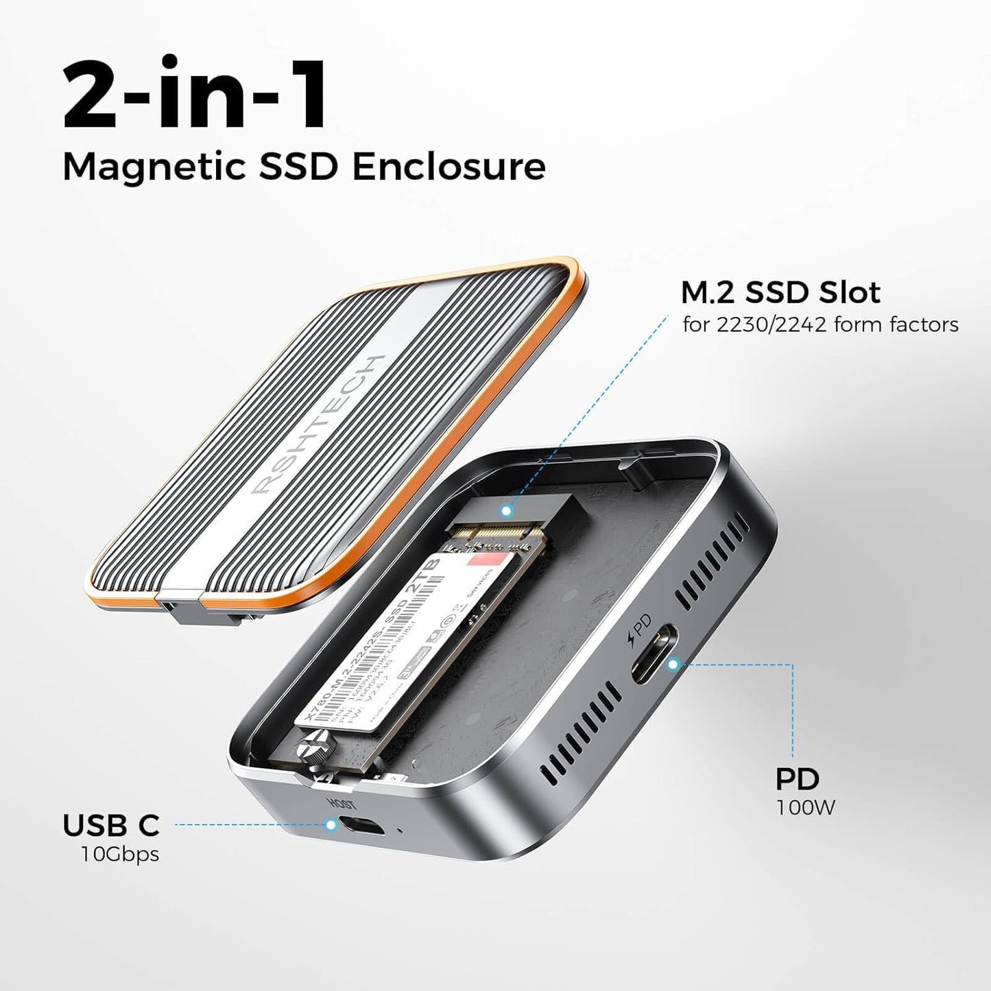 RSHTECH Magnetic M.2 NVMe SSD Enclosure 10Gbps USB C 3.2 to NVME Adapter Support PD 100W and SSD Size 2230/2242 B+M M-Key for iPhone 16 15 Pro/Pro Max/Plus ProRes, iPad Pro and More