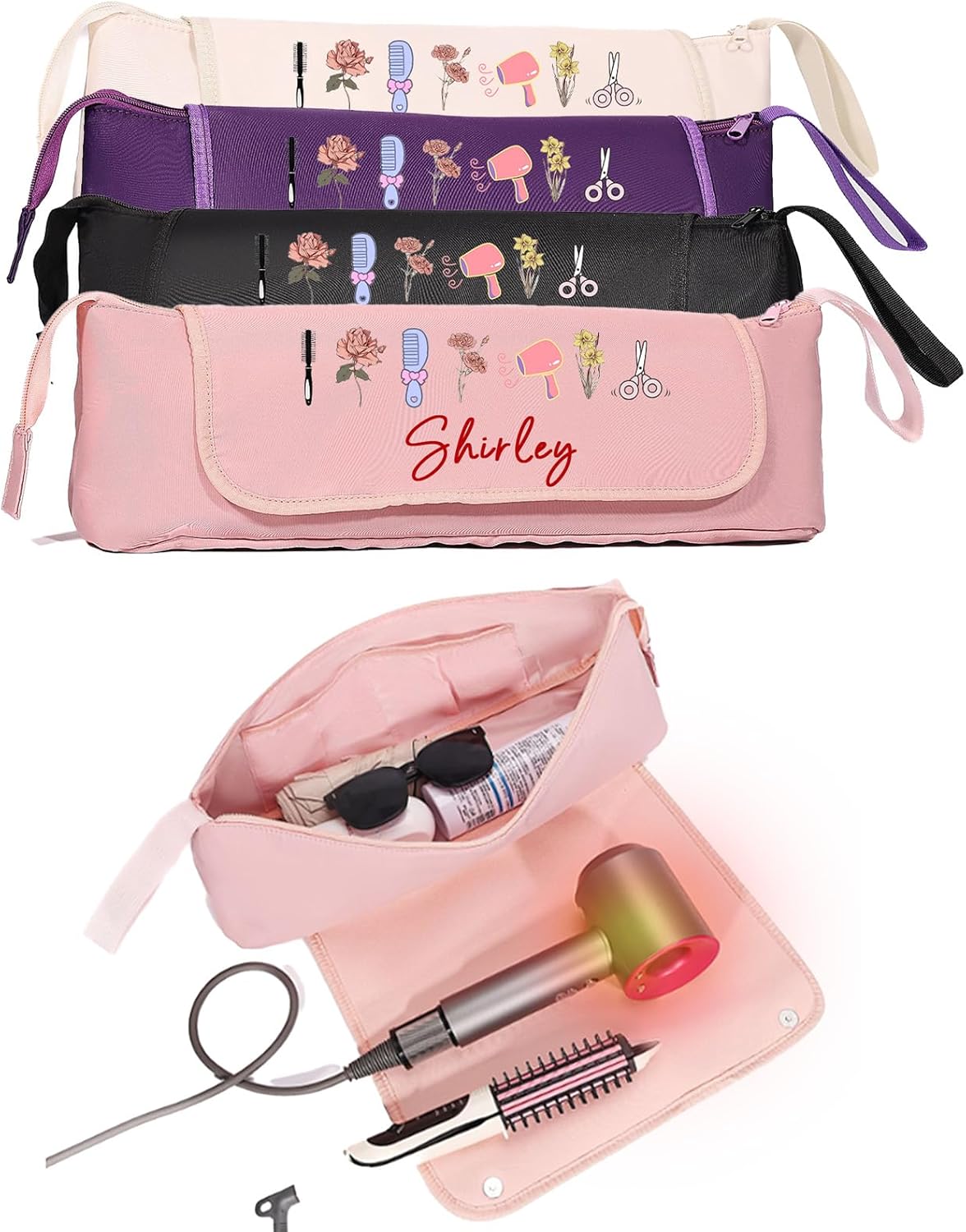 Personalized Hair Tool Bags with Heat Resistant Mat for Curling Iron & Flat Iron, Custom Name & Birth Flower Travel Bag for Hair Tools, curling iron bag for Women & Stylists (Style2)