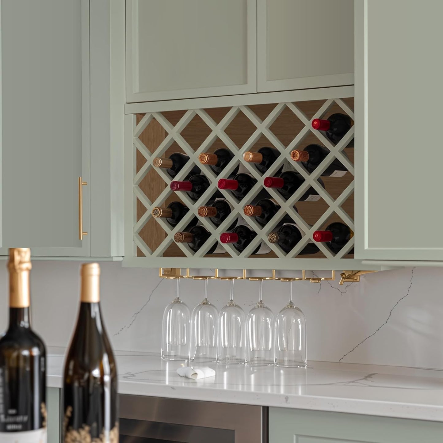 Solid Wood RTA Wine Bottle Rack Wall Cabinet with Lattice Panels Wine Holder Wine Storage Cabinet for Bar, Pantry, Wine Cellar Basement Countertop Mocha (Jade Green, 36”W × 12”D × 15”H)