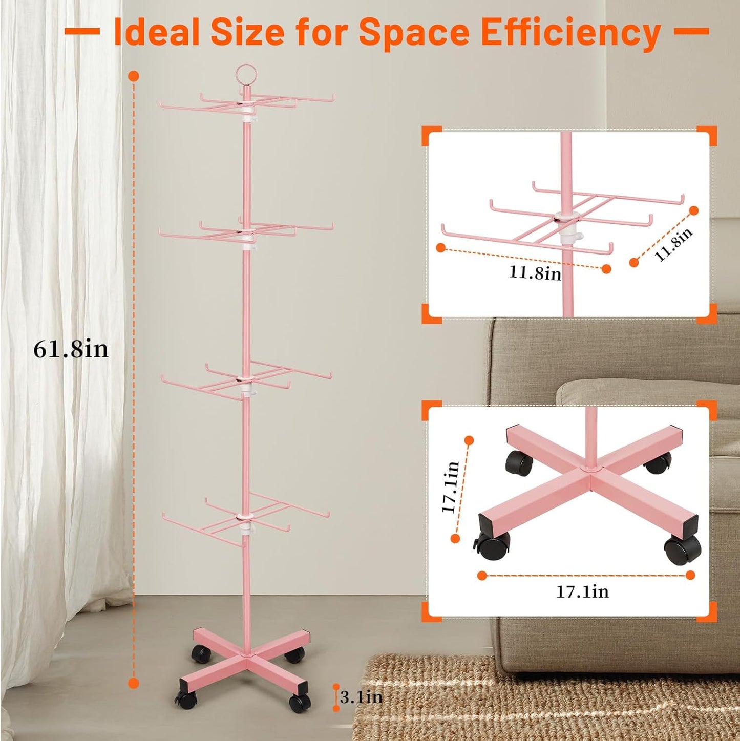 Retail Display Stand Rotating Display Stand 4 Tier Spinning Display Stand for Craft Shows, Jewelry, Keychain, Earring Adjustable Height Retail Display Racks (Pink)