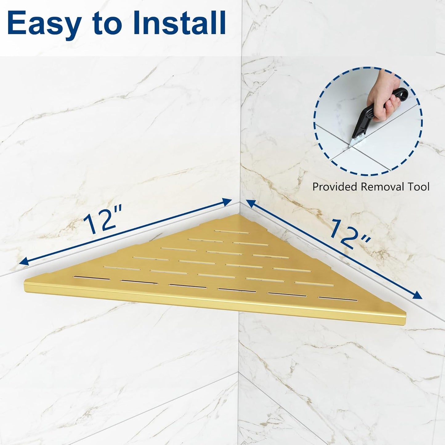 Corner Shower Shelves, 12” Recessed Tile Shower Shelf, 304 Stainless Steel Grout in Corner Tile Shower Shelves, No Drilling, Brushed Golden, 2 Pack