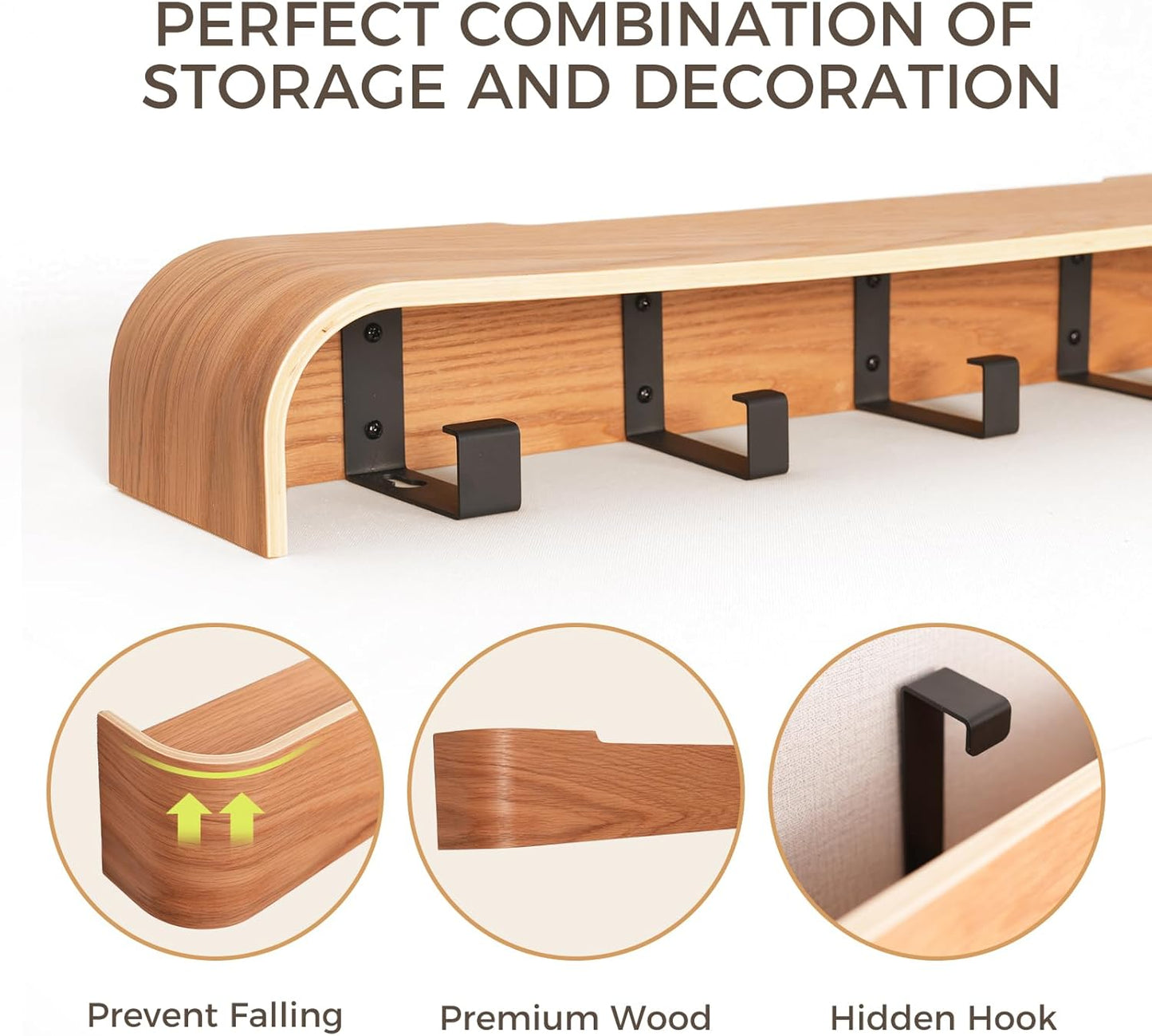 Wall Coat Rack Floating Shelves Modern Coat Rack Wall Mount with Storage Entryway Shelf Wooden Hanger 20 Inch 4 Hidden Metal Hooks for Living Room Bedroom (Oak, 5 Hooks)