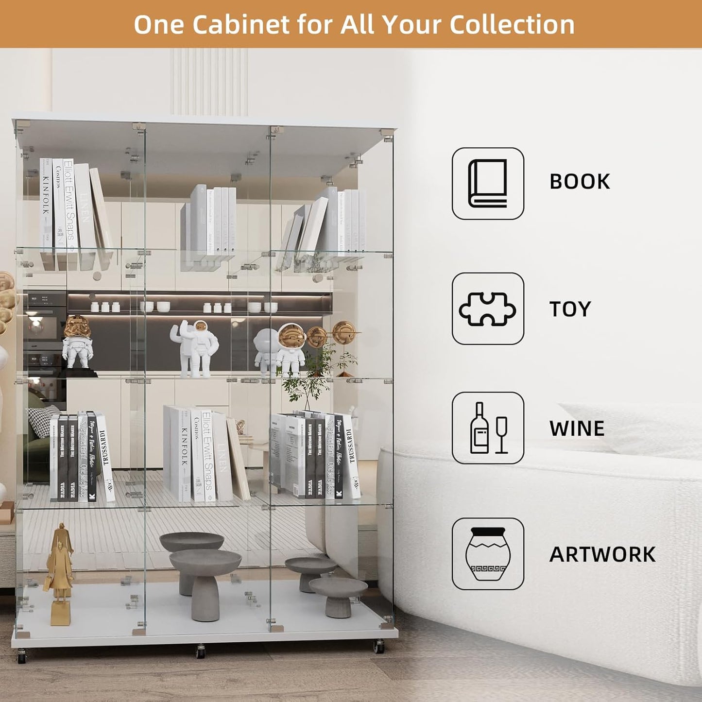 Beauty4U Glass Display Cabinet with Mirror Back Panel, 12 Shelves with 3 Columns, 2 Doors Curio Cabinets for Living Room, Bedroom, Office, White Floor Standing Glass Bookshelf, Quick Installation
