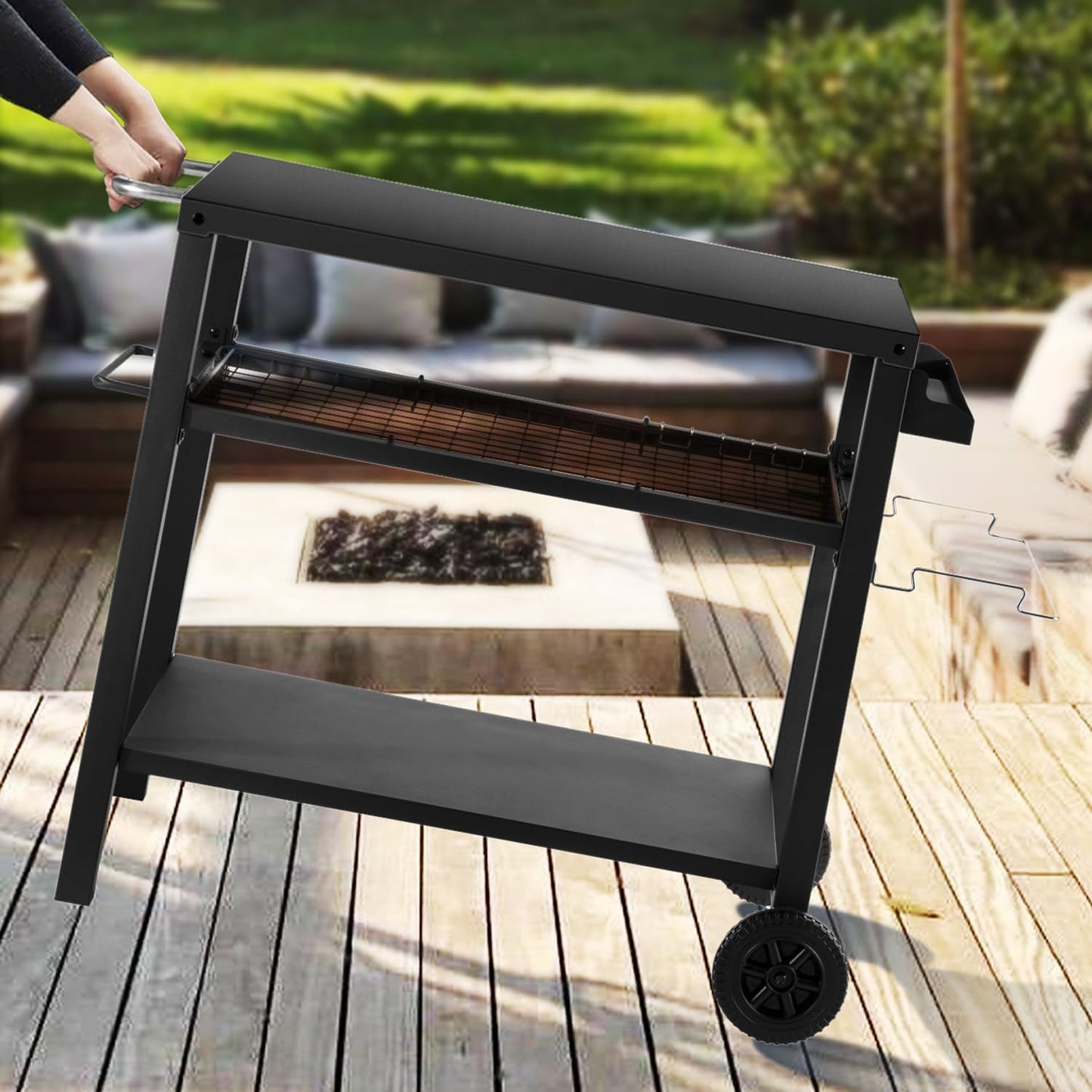 Grill Cart Table with Three Shelf, Movable Outdoor Dining Cart Pizza Oven Stand with Three Hooks, Kitchen Cart Island Multifunction Food Prep Table (Black)