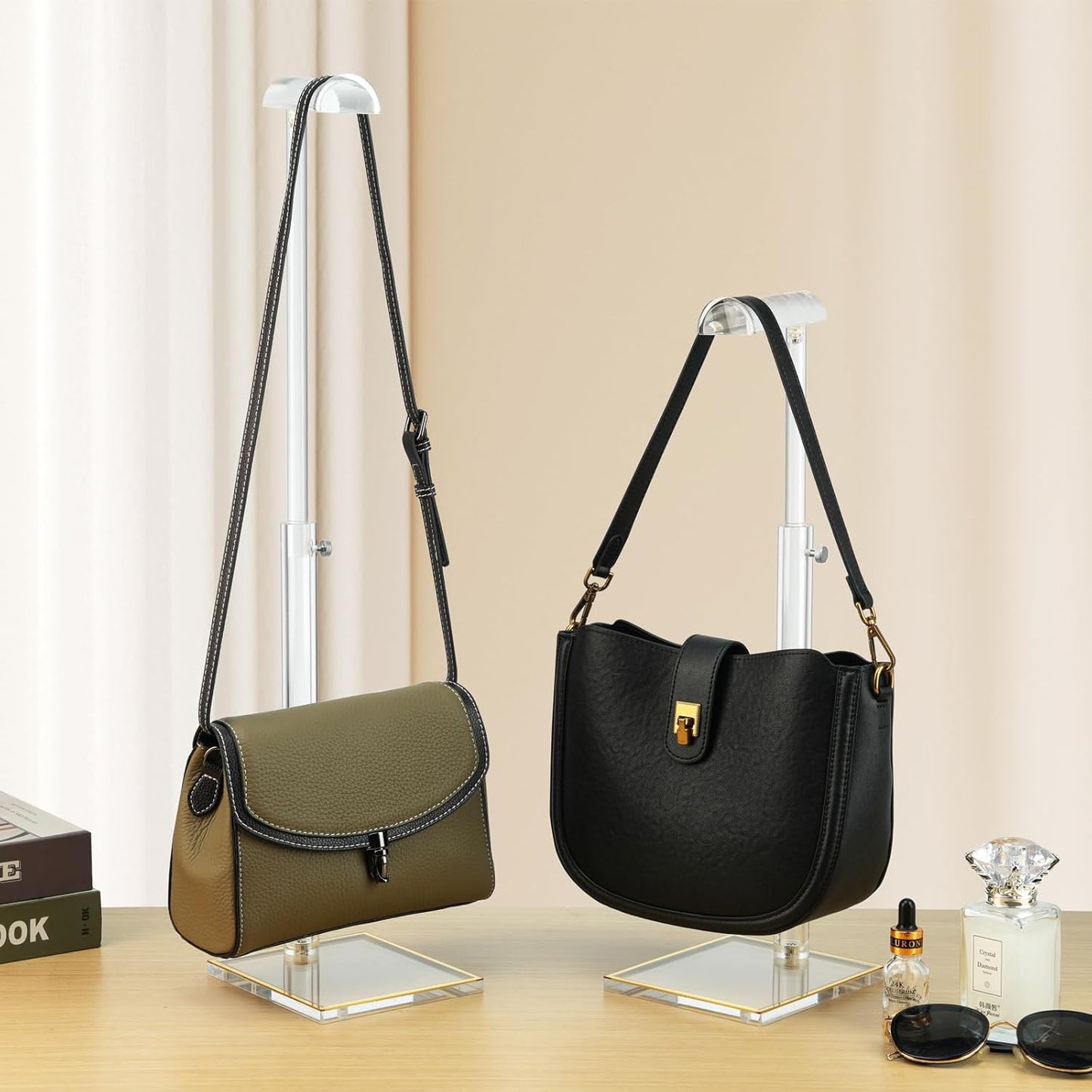 Acrylic Purse Stands for Display, 3 Pack 14" to 24" Adjustable Height Clear Purse Holder Stand, Counter Bags Hanging Organizer Handbag Rack for Closet Retail Vendor Commercial Store
