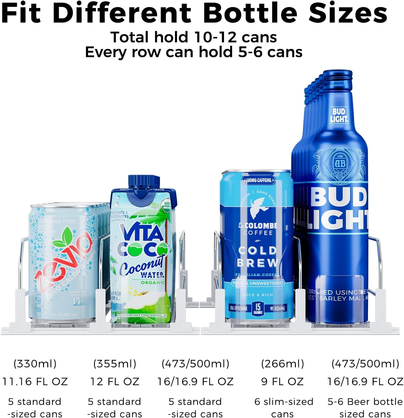 Puricon Drink Organizer for Fridge Pusher Glide, Spring Loaded Fridge Drink Dispenser, Self Pushing Soda Can Organizer for Refrigerator, Beer Bottle Beverage Organizer Drink Holder -2 Rows, White
