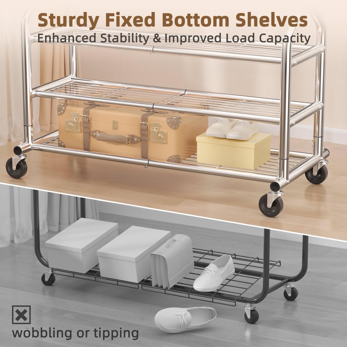 EAGMAK Heavy Duty Clothes Rack Load 688 LBS, Rolling Clothing Rack With 3 Shelves, Adjustable Metal Clothes Hanger with Wheels Portable Wardrobe Organizer Garment Rod for Hanging Clothes (Silver)