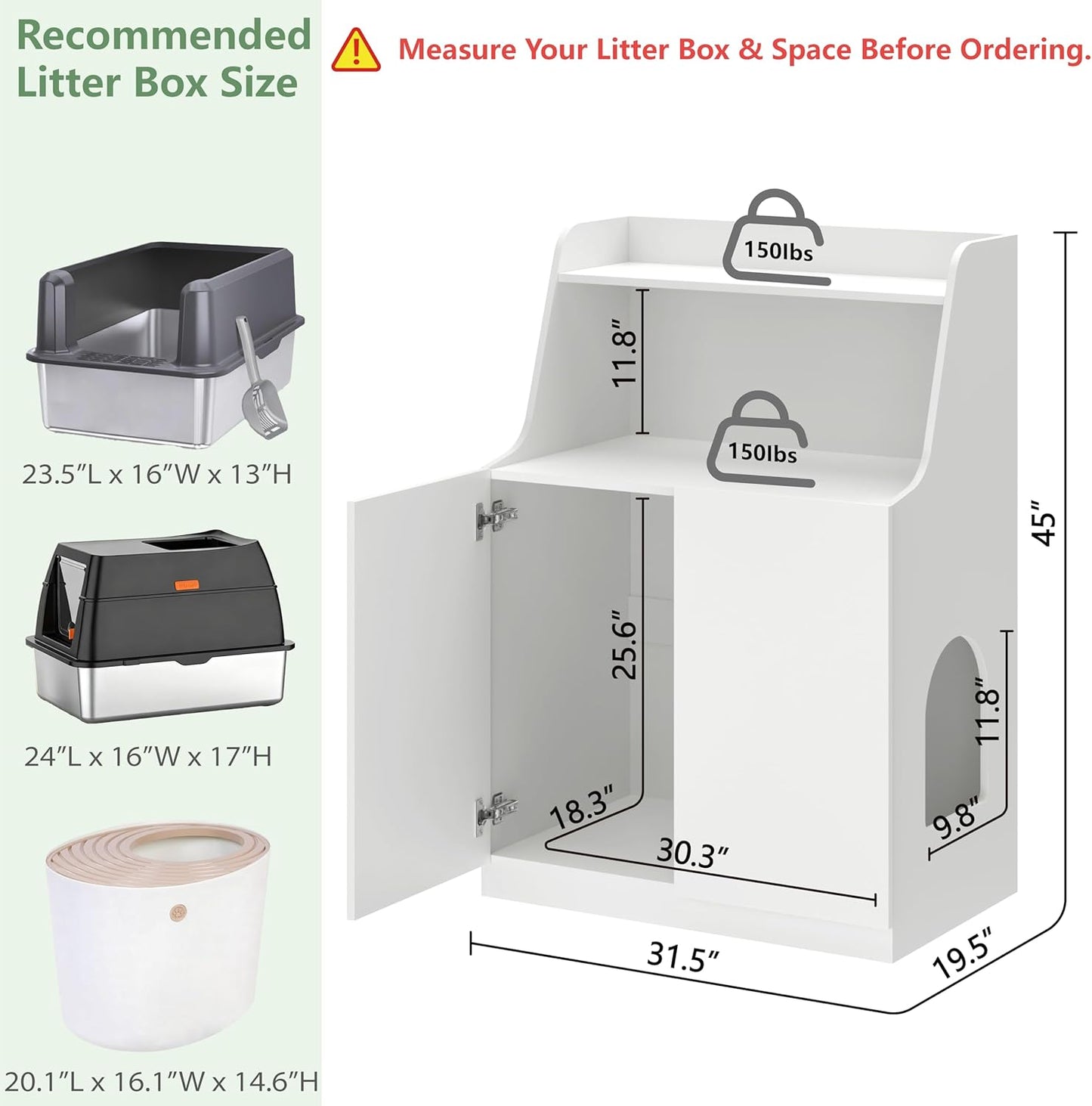 Large/Tall Litter Box Enclosure, Modern Wooden Litter Box Furniture for XL Litterbox with Open Shelf as Sideboard Cabinet (White)