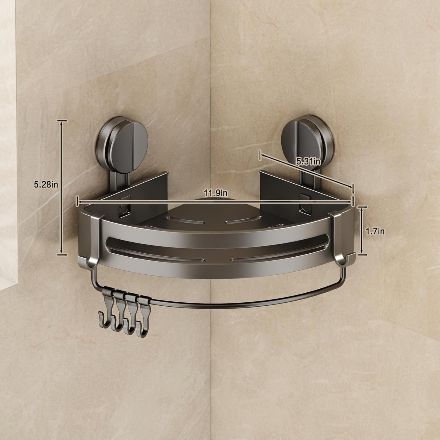 VOLPONE Shower Caddy Suction Cup, 2 Pack Corner Shower Shelves No Drilling, Showers Organizer Storage with Towel Bar & Removable Hooks, Bathroom Shower Shelf Rack for Inside Showers, Triangle