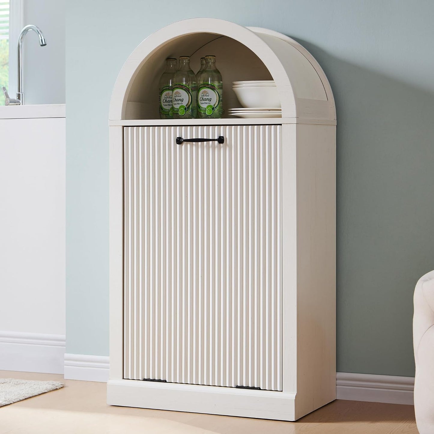 Arched Tilt-Out Trash Can Cabinet, Fluted 10 Gallon Trash Can with Open Shelf, Modern Laundry Hamper Cabinet, Hidden Garbage Can with Storage Basket for Kitchen, Living Room, White