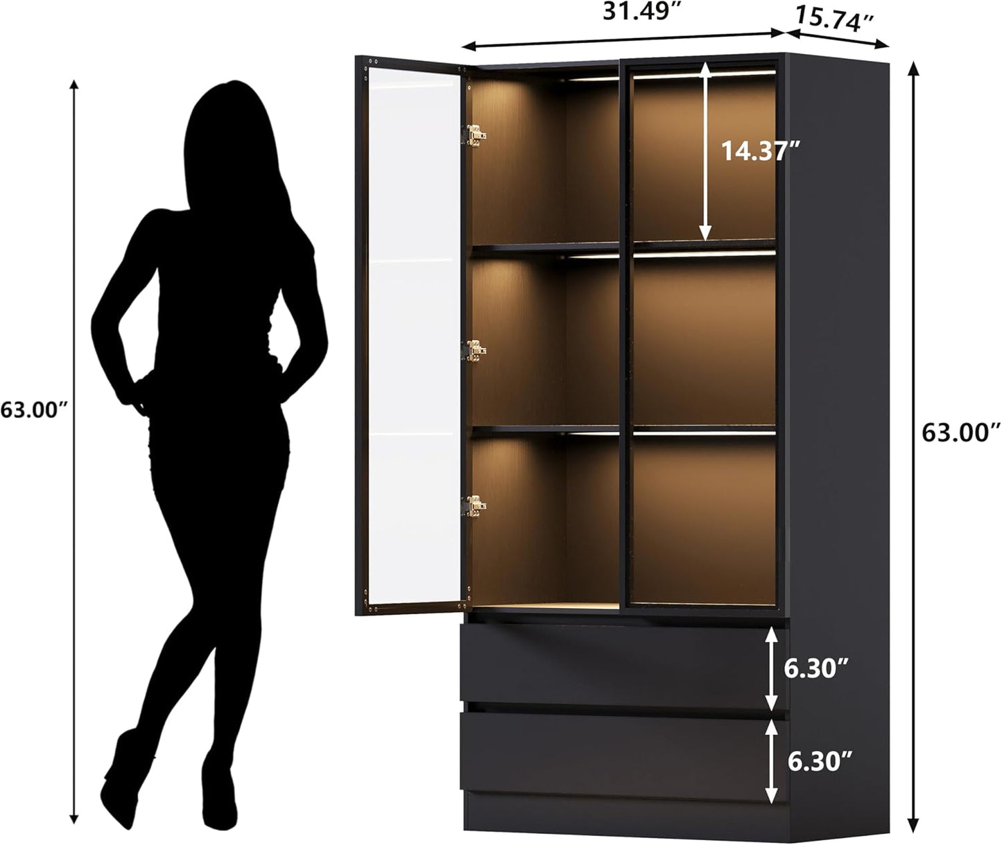 63'' Tall Glass Display Cabinet with LED Lights & 2 Drawers,Showcase with Glass Doors,4-Tier Curio Cabinet for Collectibles Bookcase,Storage Shelf, Bookcase(Black- 2 Drawers)
