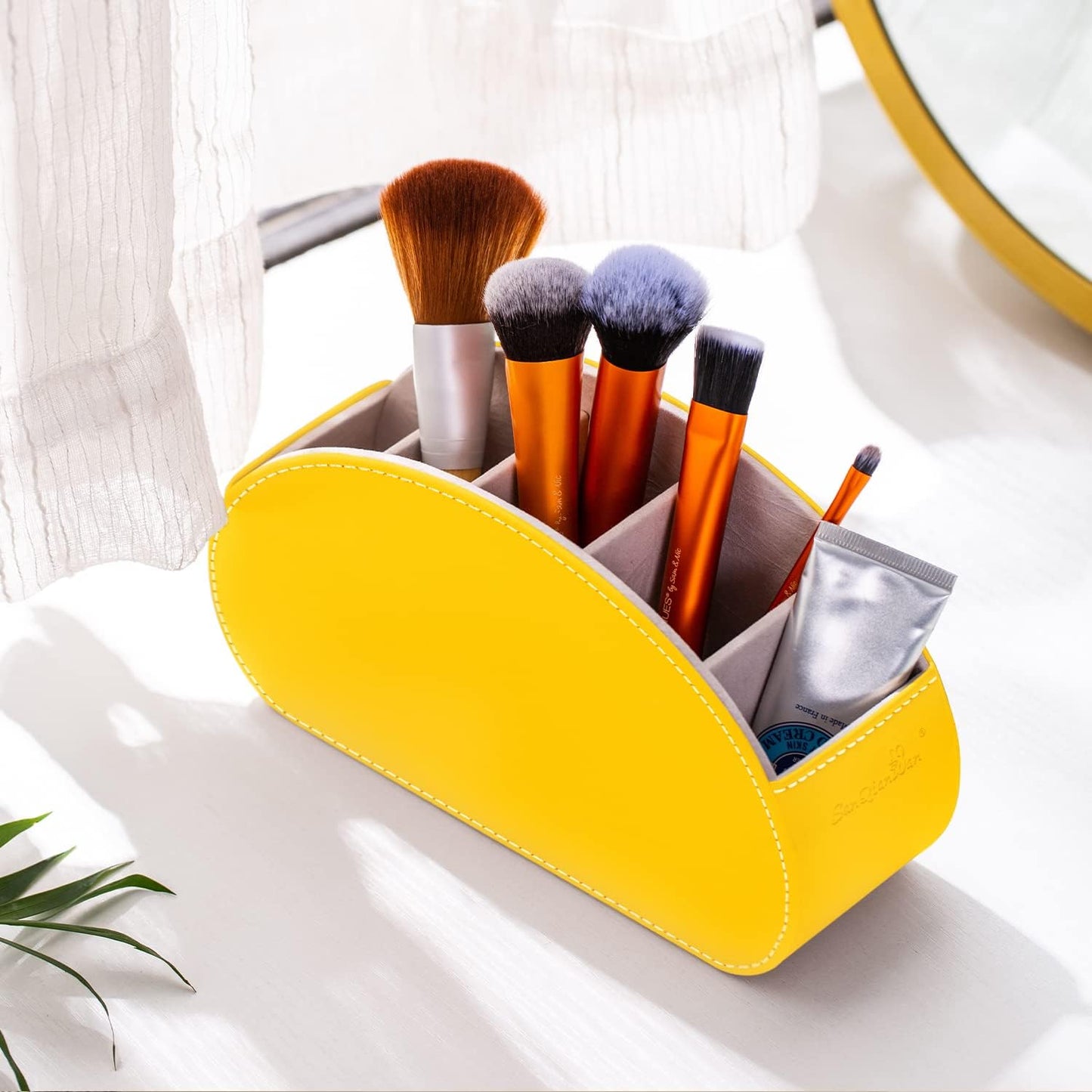 Remote Control Holders Organizer Box with 5 Compartment PU Leather Multi-functional Office Desk Storage Caddy Store Tv Remote for Media Player,Brush,Pencil,Glassees&Office Supplies (Yellow)