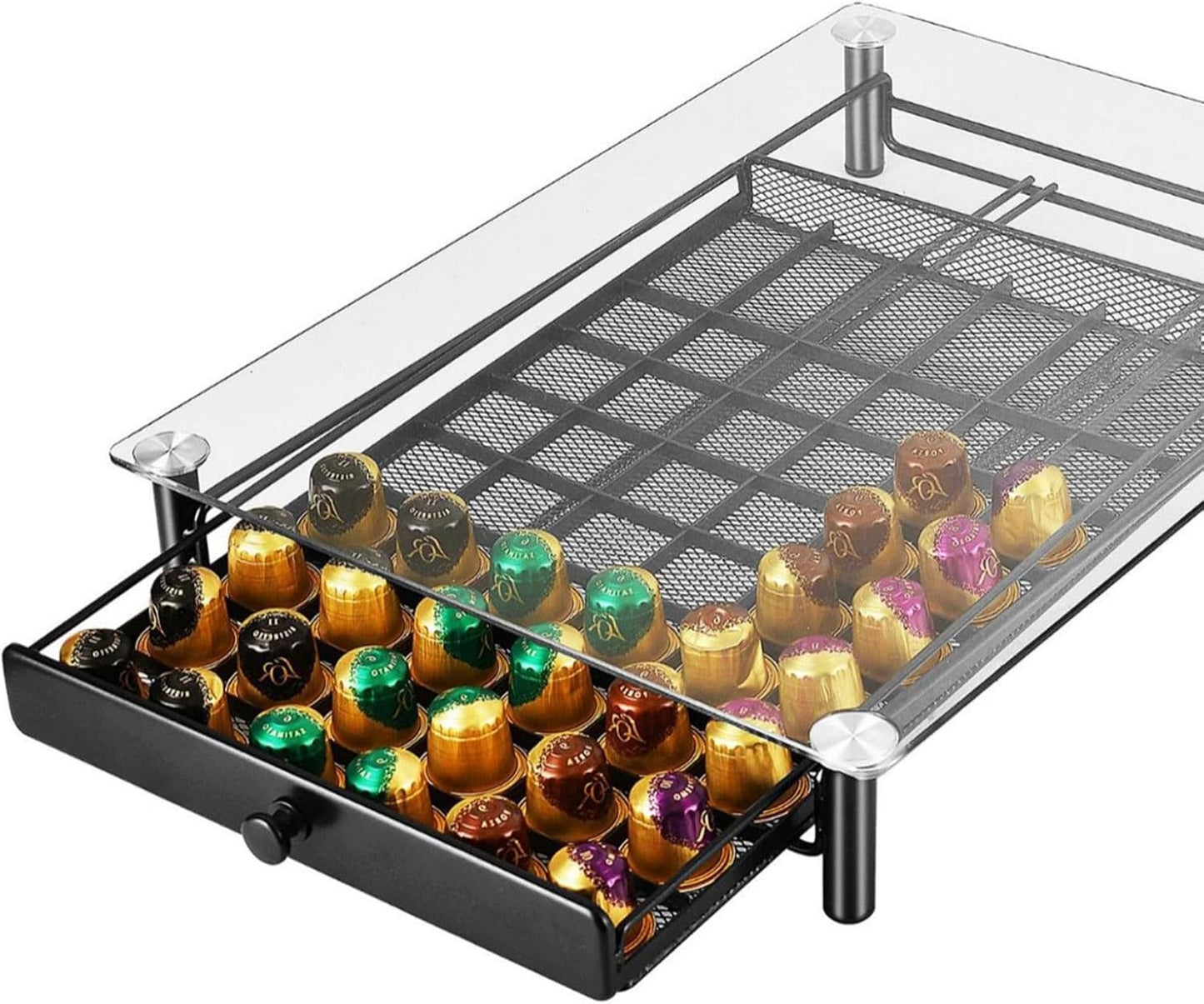 Clear Glass Coffee Pods Storage Drawer Organiser Large Capacity Espresso Pods Holder Stand with Metal Frame