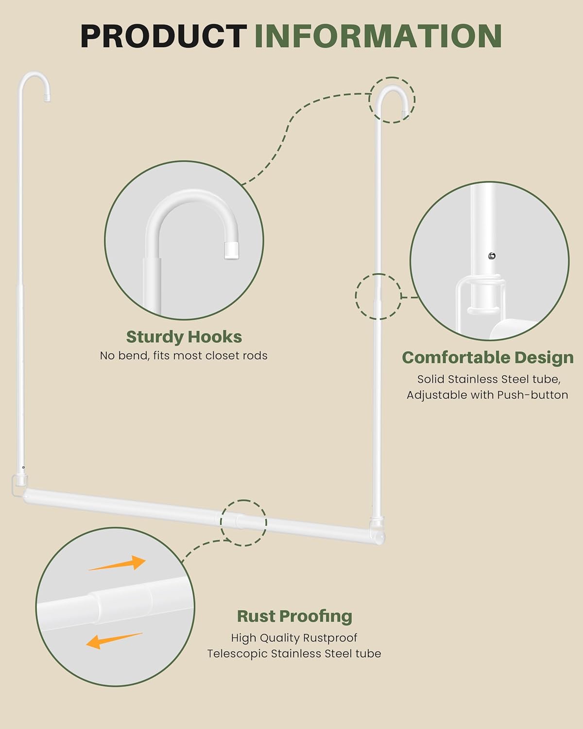 Hanging Closet Rod, Adjustable Height & Width Closet Rods for Hanging Clothes-Closet Extender Hanging Rod Space-Maximizing Design Suitable for Hanging and Drying Clothes, White