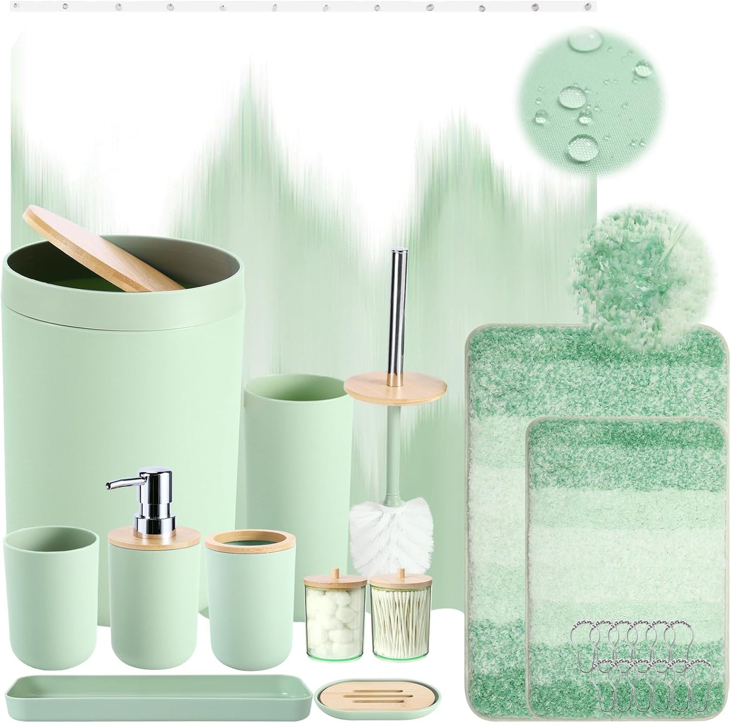 iMucci Bathroom Accessories Green Bathroom Sets with Shower Curtain and Rug, Green Ombre Waterproof Shower Curtain with Ultra Absorbent Rug Bathroom Accessories Set for Home Decor