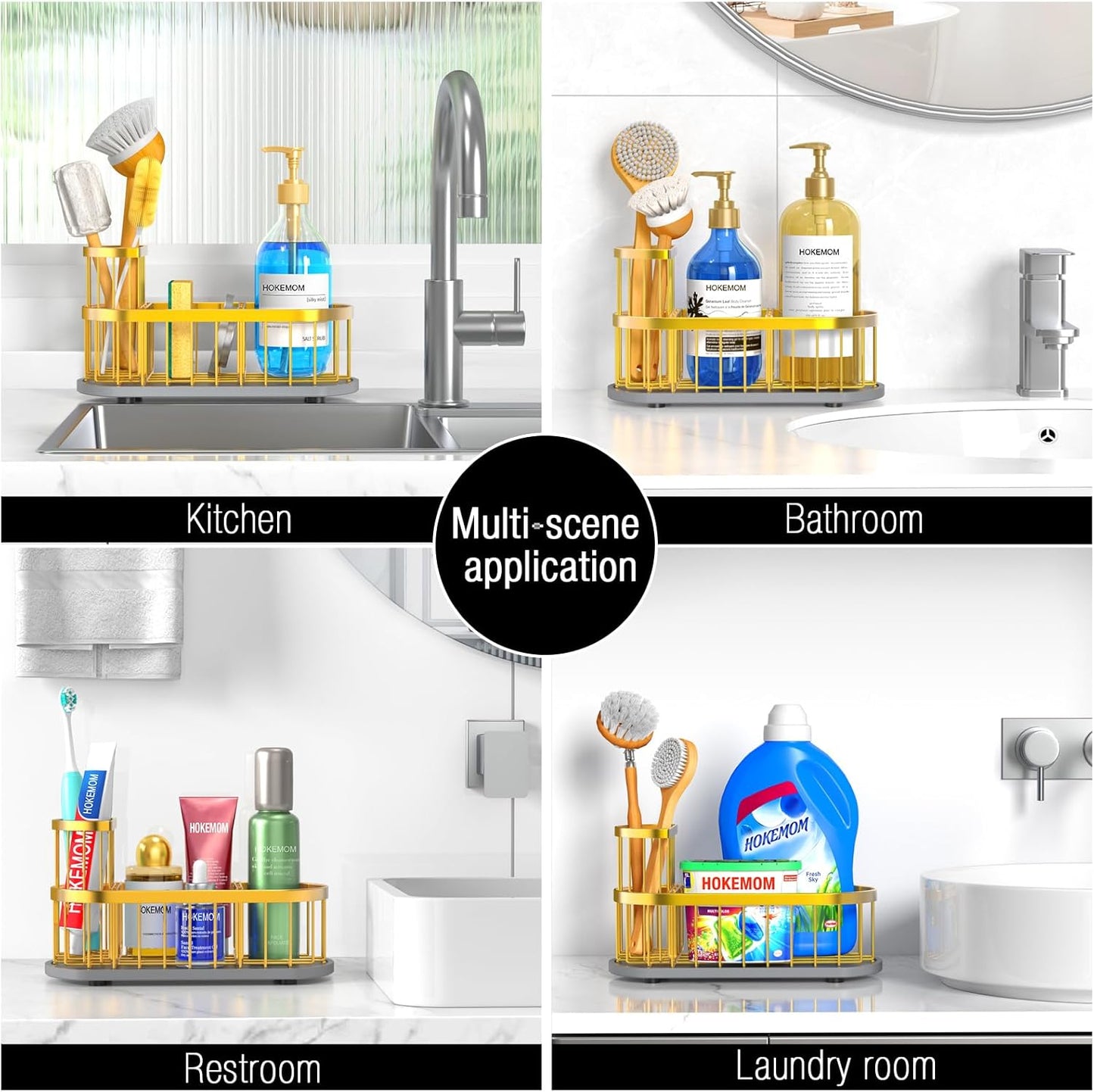 Kitchen Sink Organizer with Sponge Holder & Brush Holder - Drain-Free Non-Slip Base, 2.6mm Stainless Steel with Gold Rust-Resistant Coating - Easy Install & Clean Kitchen Sink Caddy