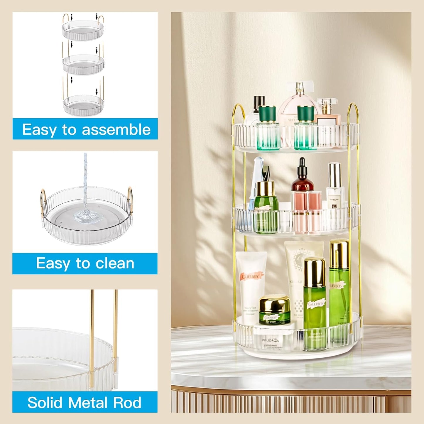 360 Rotating Makeup Organizer - Large Capacity Spinning Perfume & Cosmetic Skincare Holder for Countertop (Pearl White, 3 Tier)