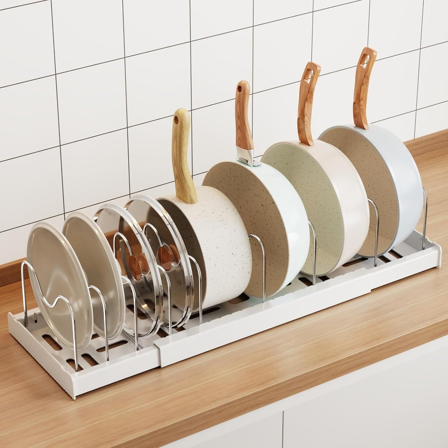 Pots and Pans Organizer Under Cabinet, 22" Expandable Food Storage Container Lid Organizers with 9 Adjustable Dividers Pot and Pan Lid Holders Rack Inside Cabinet/Countertop(1 Pack, White)