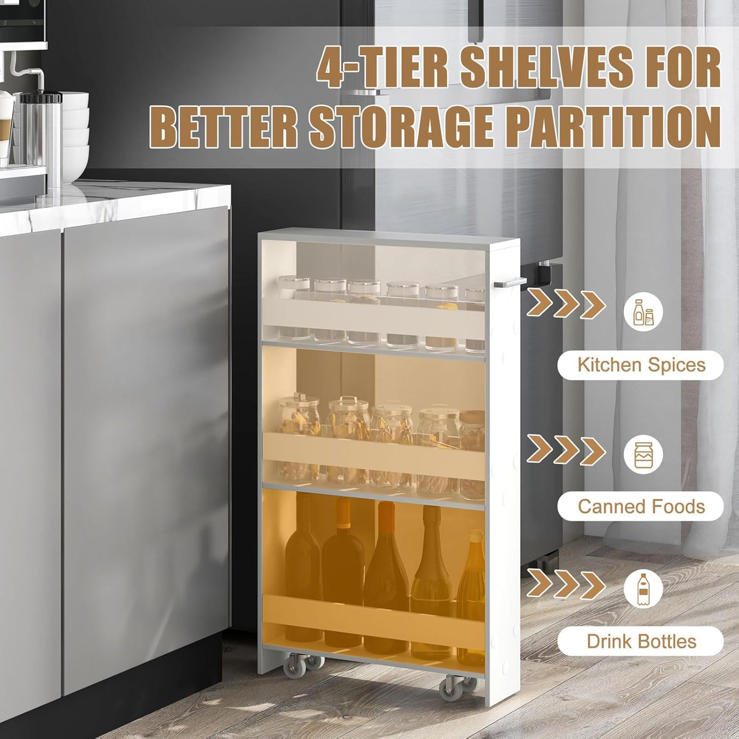 Giantex Slim Storage Cart 4 Tier, Rolling Narrow Island Cart, Side Cabinet w/Handle, Space Saving Trolley, Kitchen Utility Cart Tower Rack for Dining Room Laundry Room Bathroom, White