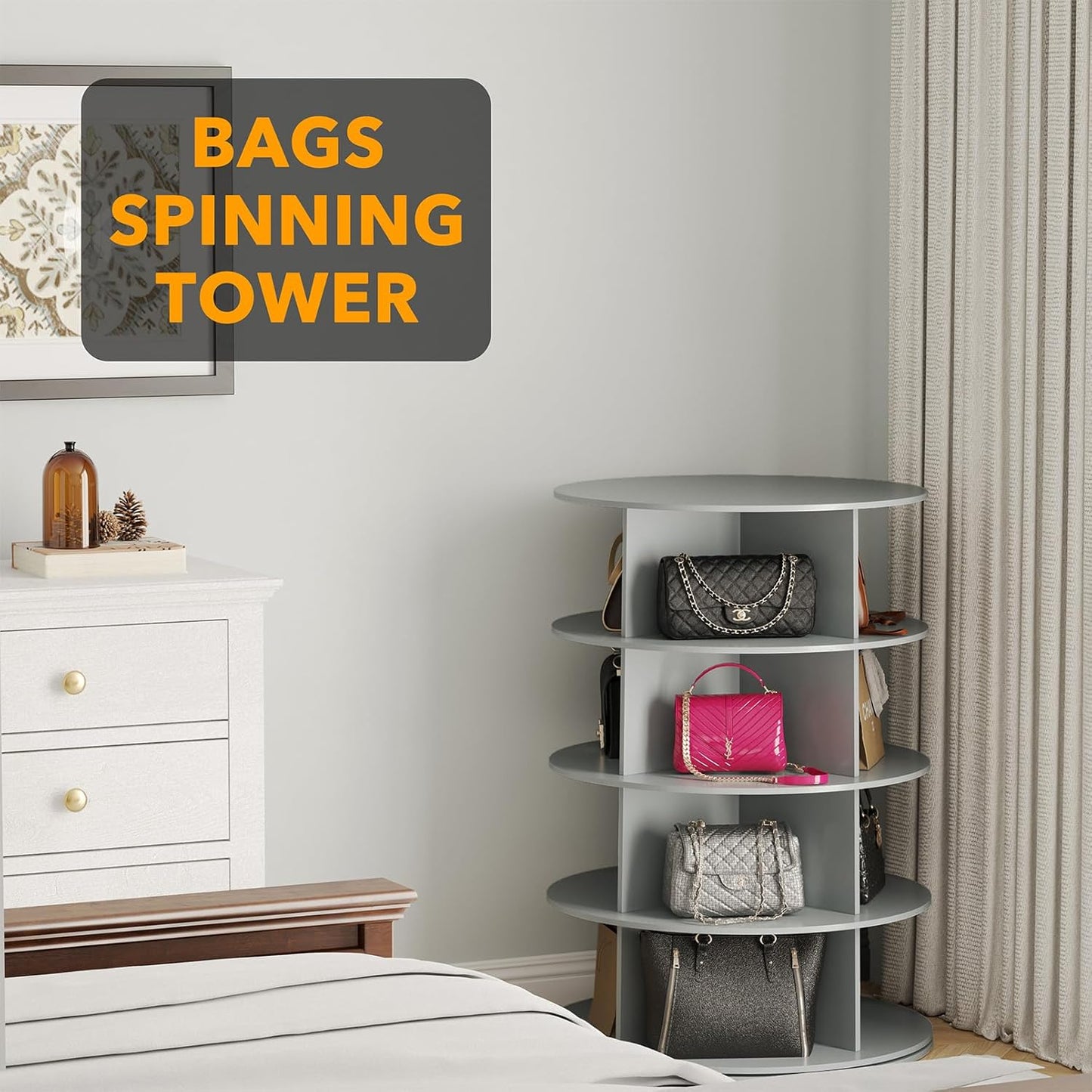 SpaceAid 4 Tier Rotating Shoe Rack Tower, Spinning Shoe Display Lazy Susan, Revolving 360 Shoe Rack Storage Round Carousel, Vertical Handbag Rotate Shoes Closet Organization (4-Tier Gray)
