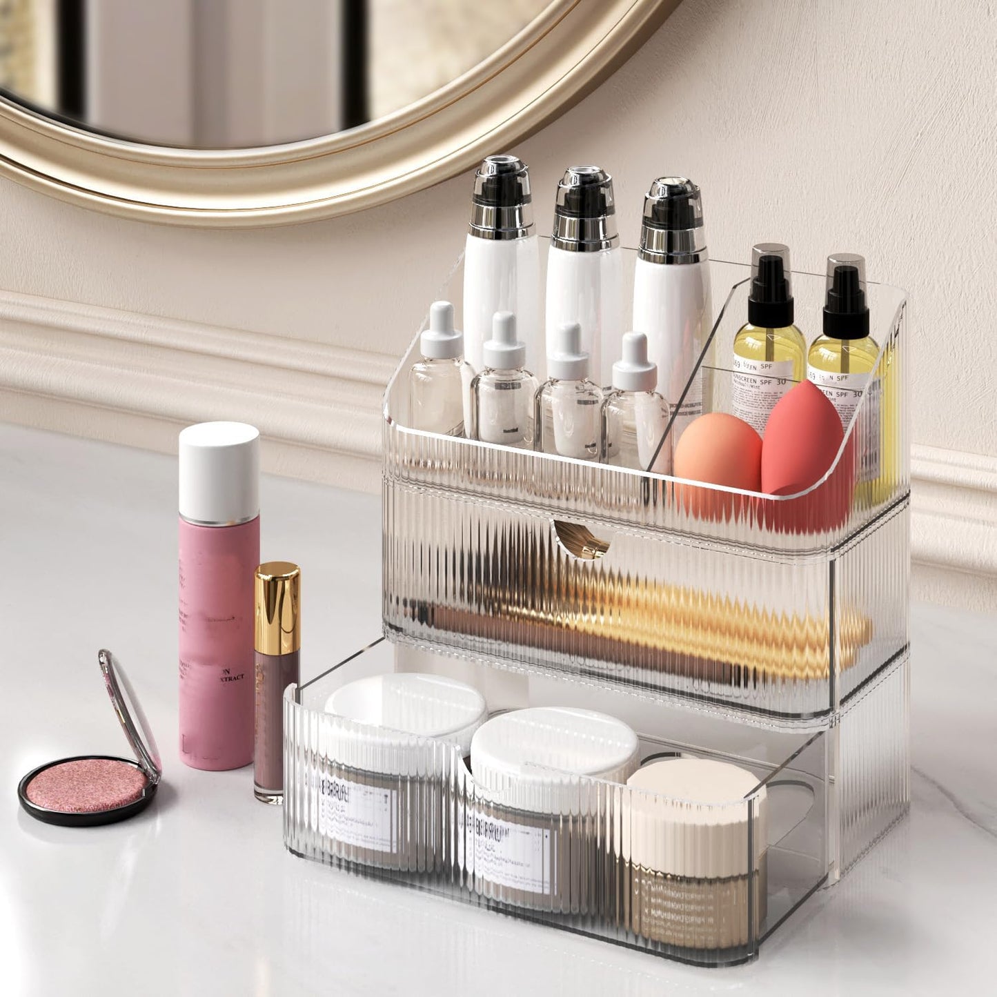 Medicine Cabinet Organizer 3 Tier, Stackable Bathroom Mirror Cabinet Storage，Small Makeup Organizers with 2 Drawer and 1 Tray for Wall Cabinet， Closet， Vanity, Countertop, Clear