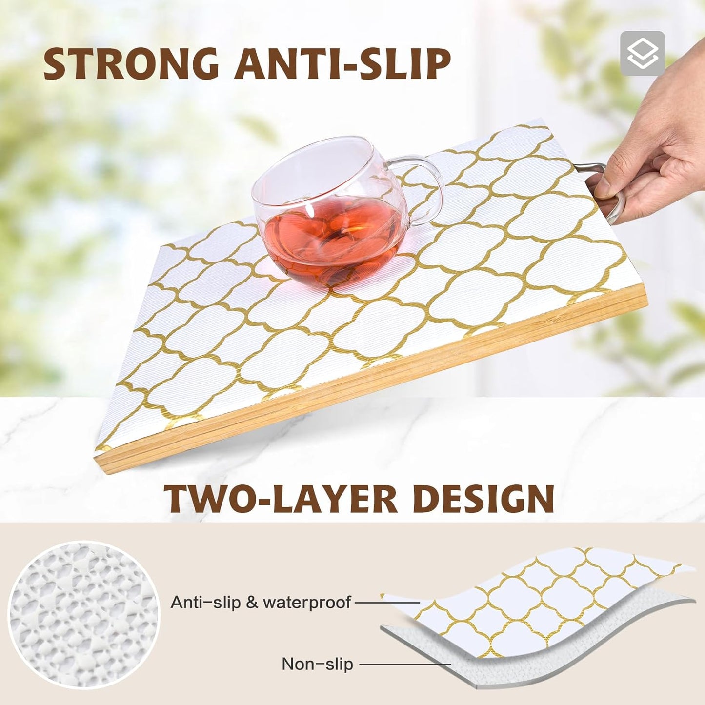 Shelf Liners for Kitchen Cabinets 12in x 30FT Non Adhesive Drawer Liner Gold Quatrefoil Thickened Shelf Liner Paper Strong Non-Slip Easy to Clean for Tool Box Refrigerator with Knife and Tape Measure