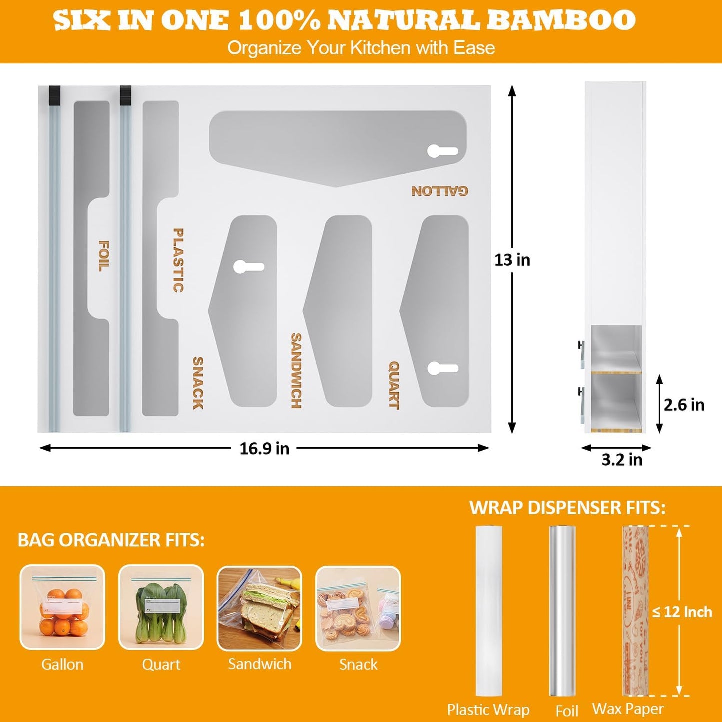 DALSHABET Bamboo Bag Organizer with Magnetic Closure, 6 In 1 Kitchen Drawer Foil and Plastic Wrap Dispenser with Cutter, Storage bag for Gallon, Quart, Sandwich, Snack White