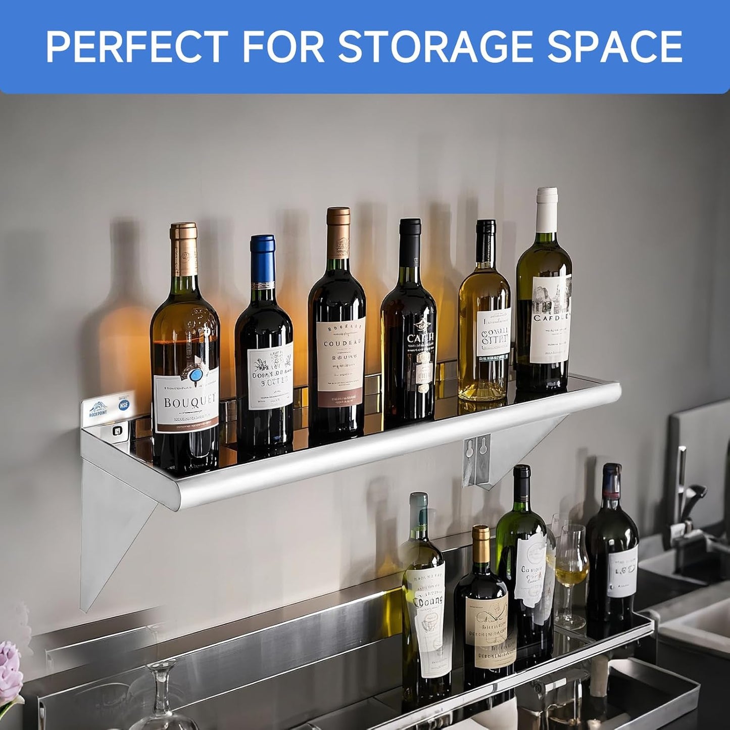 ROCKPOINT Stainless Steel Shelf 10 x 16 Inches 190lb, 2 Pack NSF Metal Commercial Shelves Wall Mount Floating Shelving with Backsplash for Restaurant, Kitchen, Home and Hotel, Silver