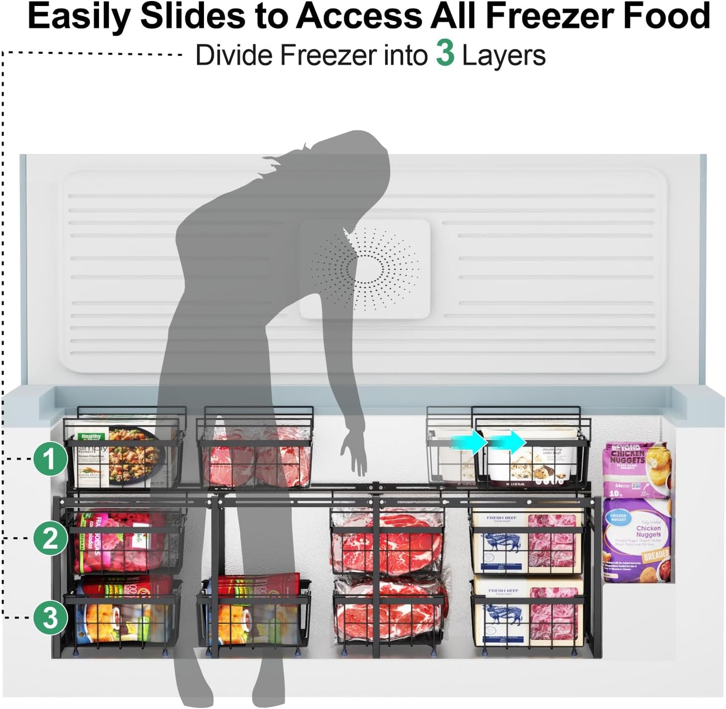 iSPECLE Freezer Organizer - Fits 20 to 25 Cu.Ft Large Chest Freezer, 2 Tier Freezer Rack Divided Freezer into 3 Layers Easy Slide to Access All Food, Black