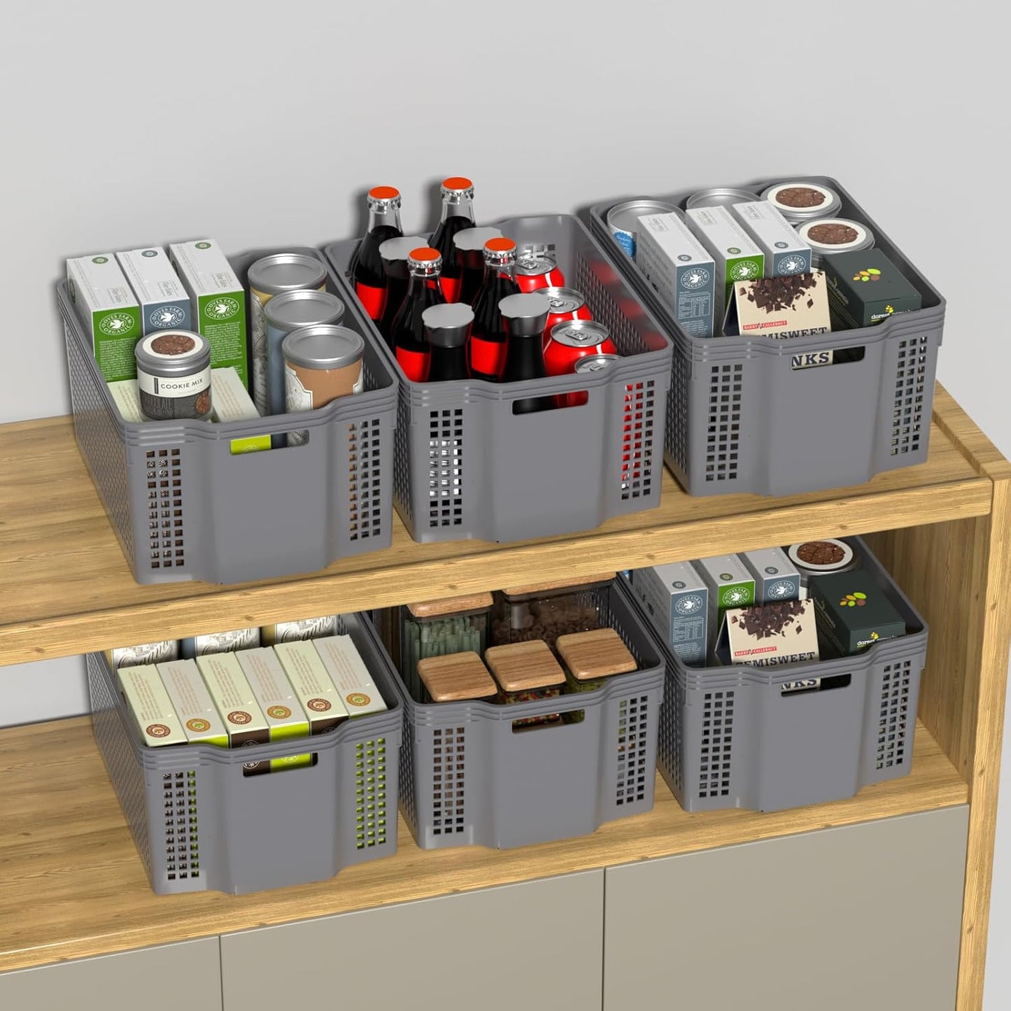 12-Pack Large Plastic Storage Baskets, Deep Stacking Storage Basket Bin, Open Cupboard Basket for Pantry, Grey