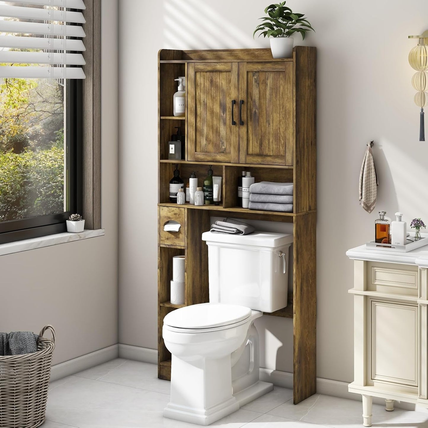 Vabches Over The Toilet Storage Cabinet, Farmhouse Storage Cabinet Over Toilet with Barn Door，Home Space-Saving Toilet Rack for Bathroom, Restroom and Laundry