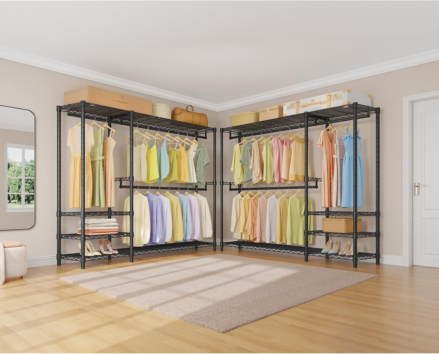 VIPEK V2 Plus Heavy Duty Clothes Rack, Portable Metal Clothing Racks with 4 Tiers Adjustable Wire Shelving & 3 Hanging Rods, Freestanding Closet Rack, Max Load 886LBS, Black