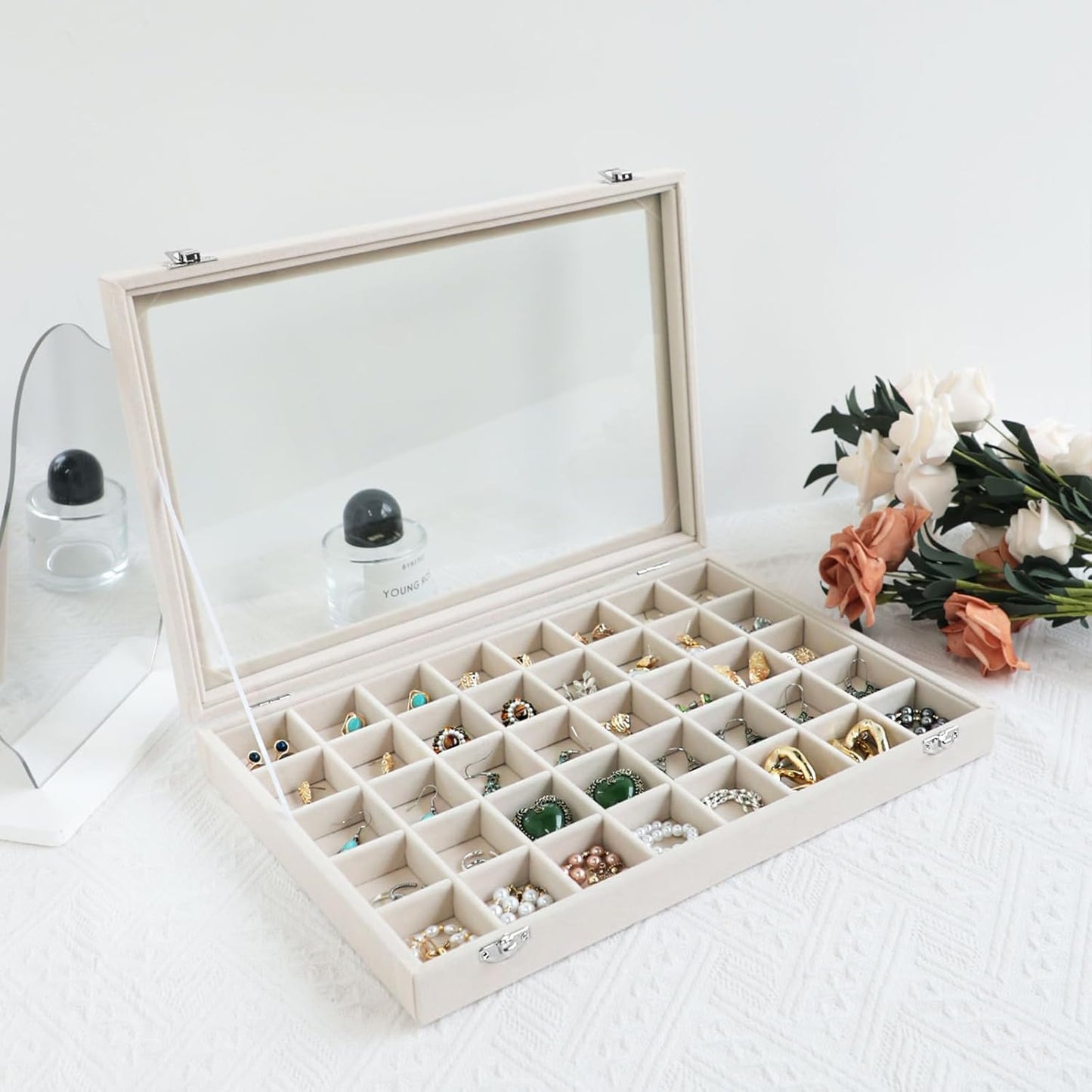 Wudygirl Large Jewelry Organizer Box with 40 Compartments Earring Holder Organizer Velvet Ring Display and Necklace Storage Tray Jewelry Box for Women (Beige Velvet)