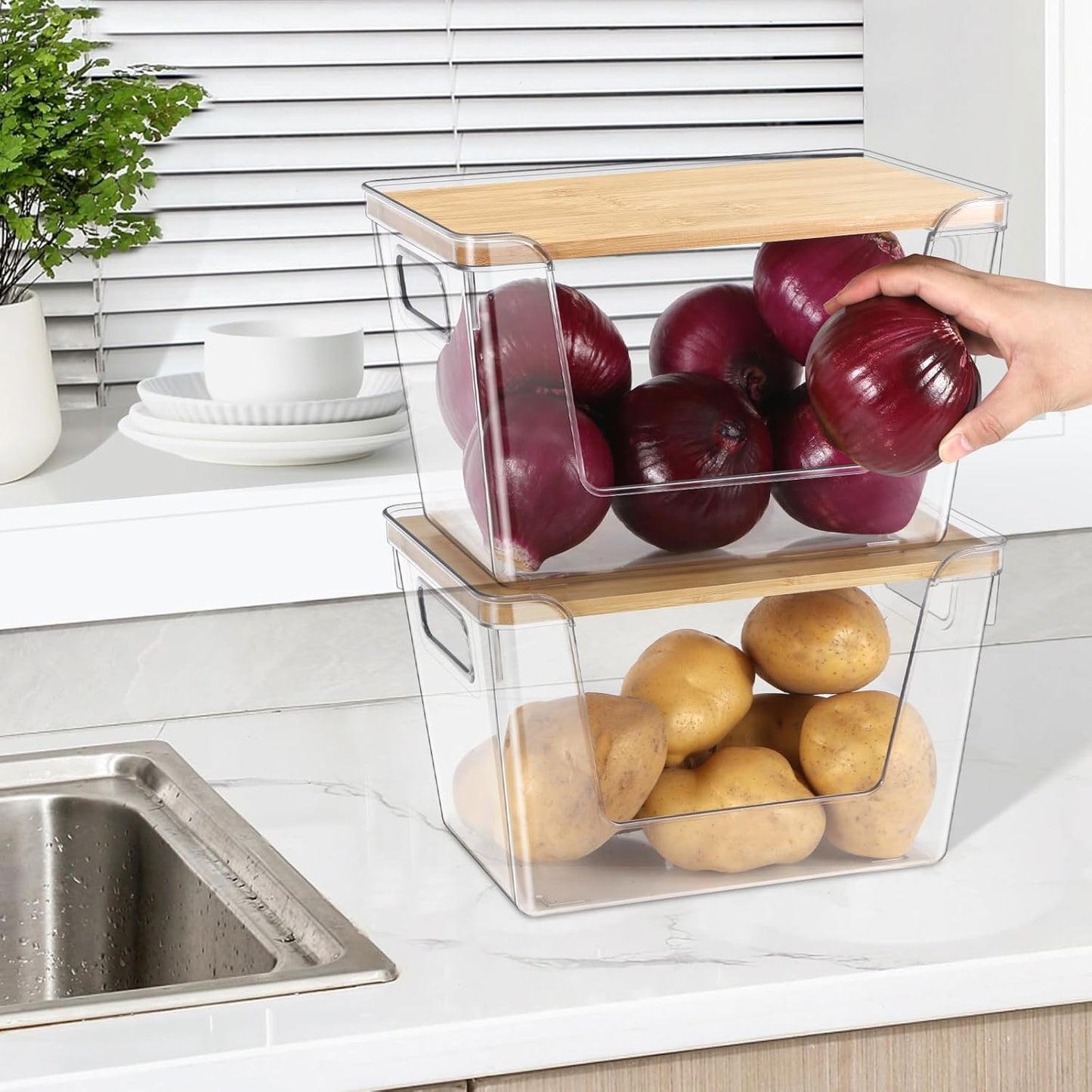 Pantry Organizers and Storage, Stackable Plastic Pantry Organizer with Lid & Handle for Kitchen Counter, Fridge for Fruit, Potato, Onion, Vegetable, 3 Set (Clear - 2 Large Bin & 1 Medium Bin)
