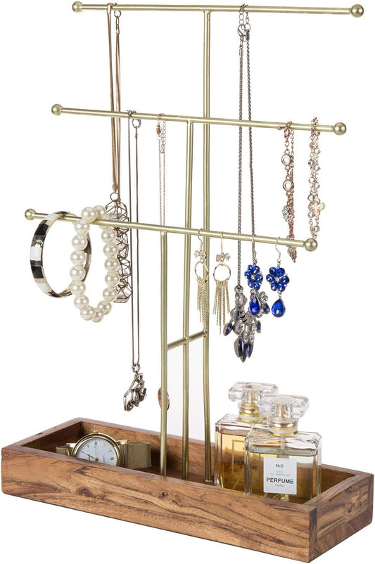 MyGift Handmade 3-Tier Brass Metal Jewelry Tree Organizer Stand and Ring Tray with Solid Acacia Wood Base, T Bar Necklace and Bracelet Display Rack, Handcrafted in India