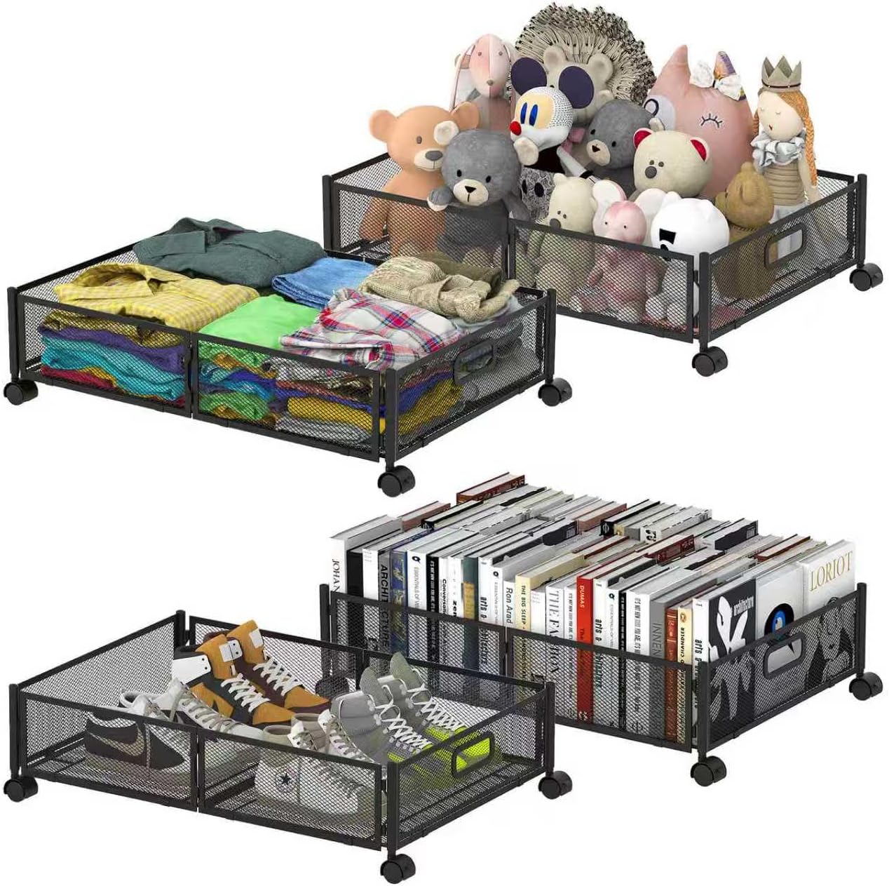 Under Bed Storage Containers,4 Pack Foldable Underbed Storage Containers with Handles and Wheels,Folding Bed Shoes Clothes Organizer,Easy Assembly Underbed Storage for Toy,Bedding,Bedroom(Black)