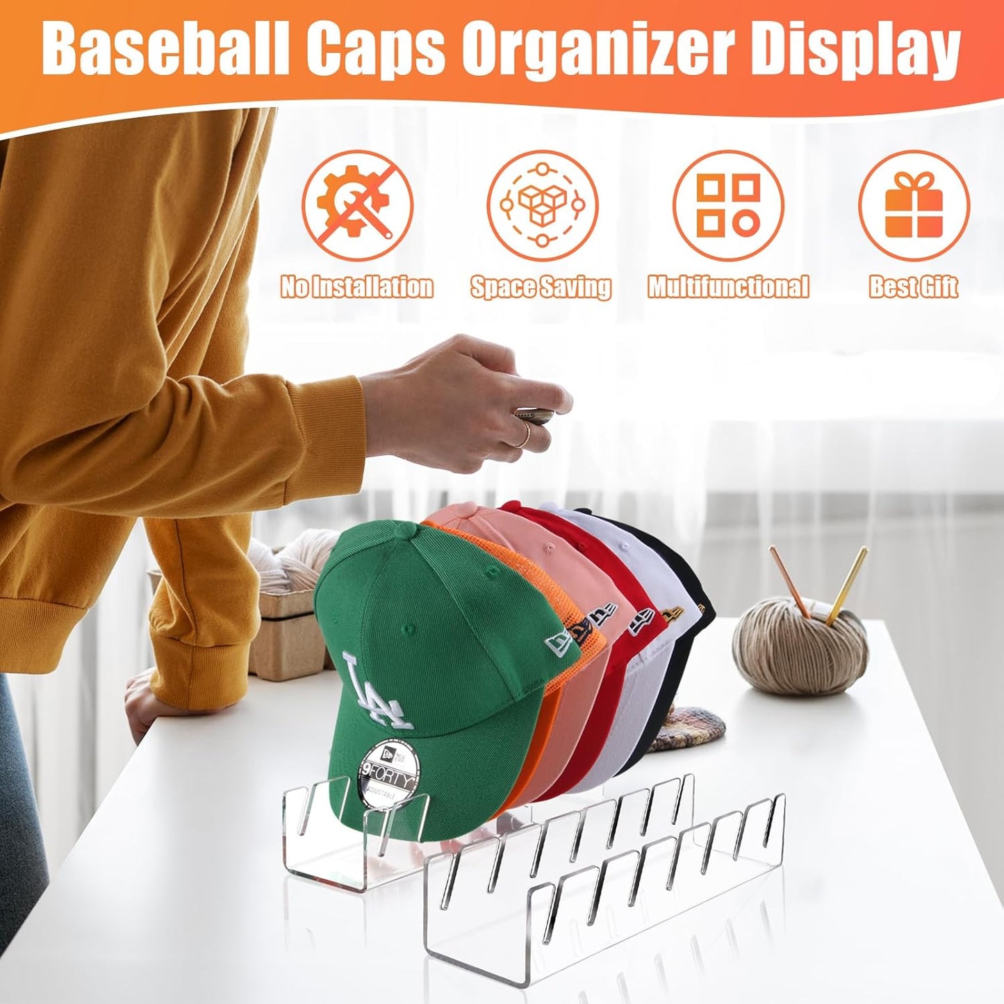 Hat Stand for Baseball Caps, 4 Pack No Install Acrylic Hat Organizer for 28 Baseball Caps Storage Organizer, Hat Racks Hat Holder Display and Organization for Closet, Bedroom, Dresser (Clear-4Pack)