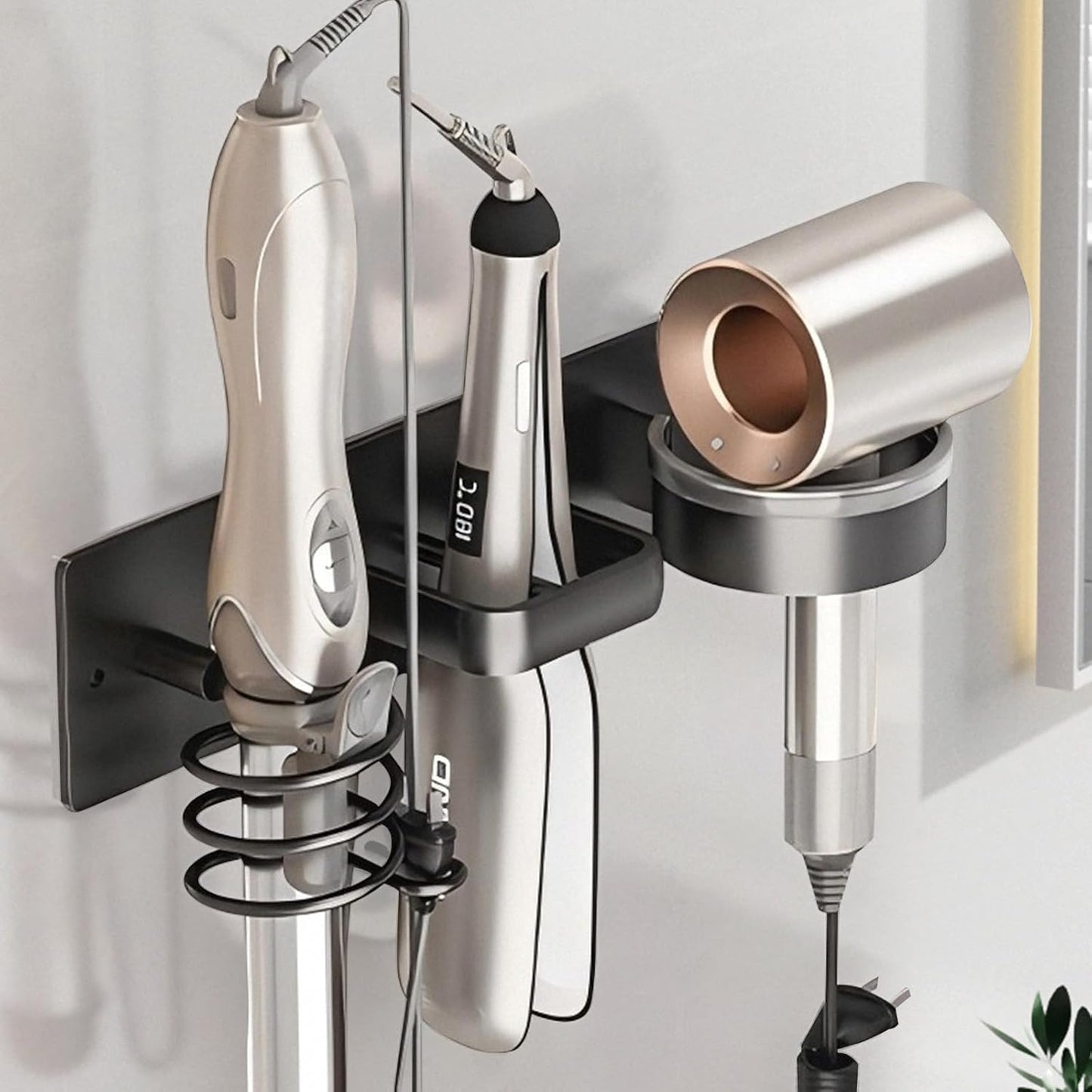 Hair Dryer Holder Wall Mounted,Blow Dryer, Curling Iron, Straightener Holder 3 in 1 Bathroom Metal Hair Tool Organizer Rack-BLACK-1